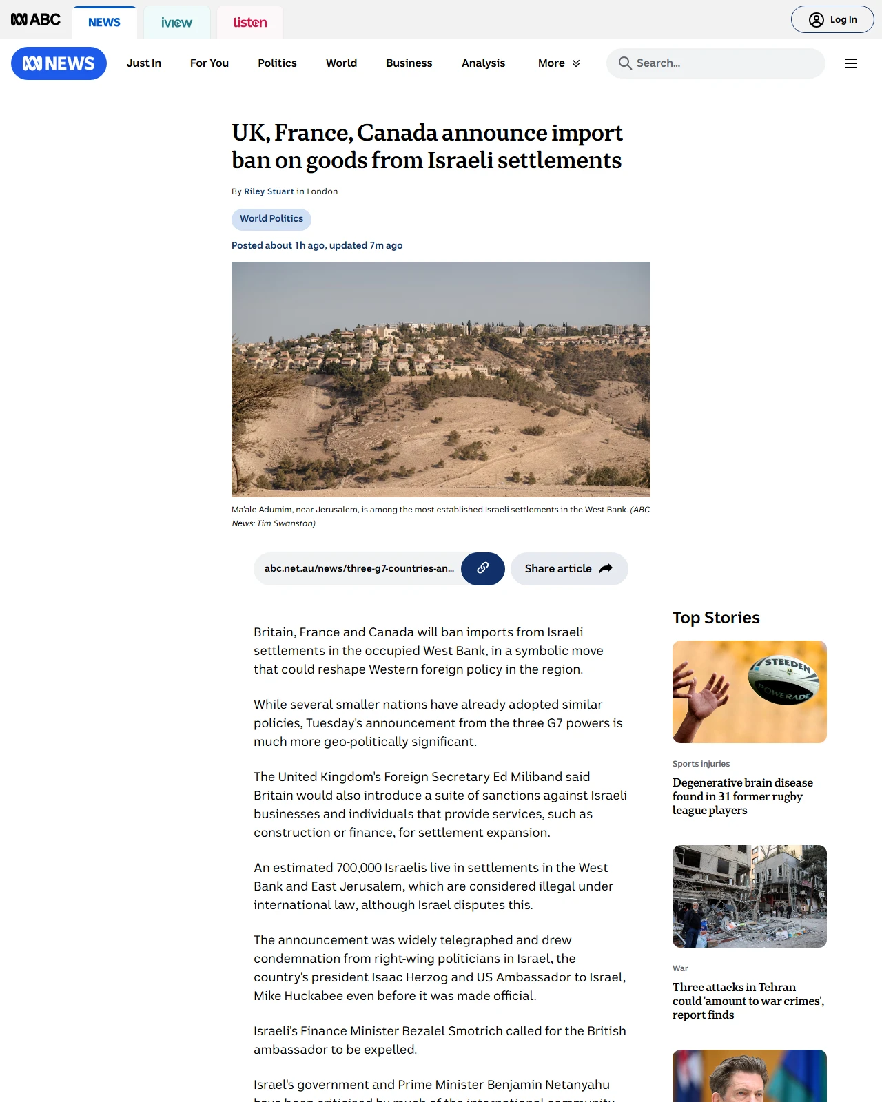 abc.net.au as published: UK, France, Canada announce import ban on goods from Israeli settlements