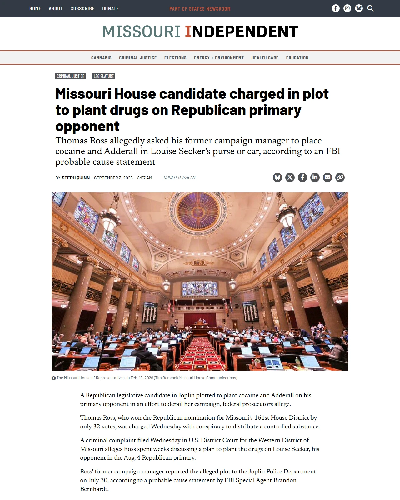 missouriindependent.com as published: Missouri House candidate charged in plot to plant drugs on Republican primary opponent