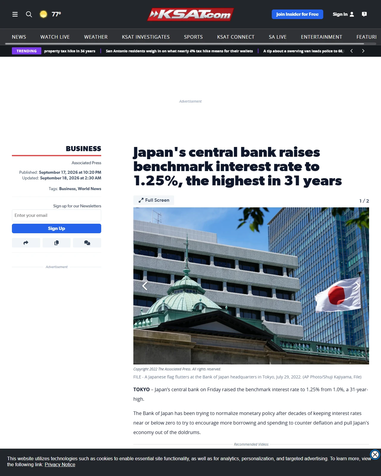 ksat.com as published: Japan's central bank raises benchmark interest rate to 1.25%, the highest in 31 years