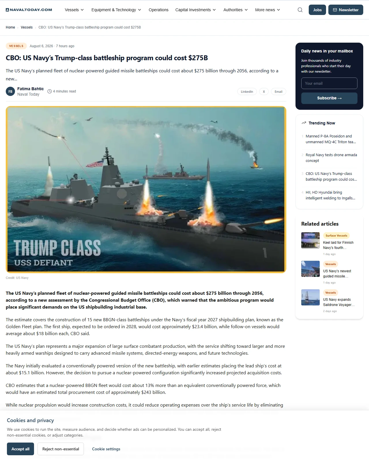 navaltoday.com as published: CBO: US Navy’s Trump-class battleship program could cost $275B