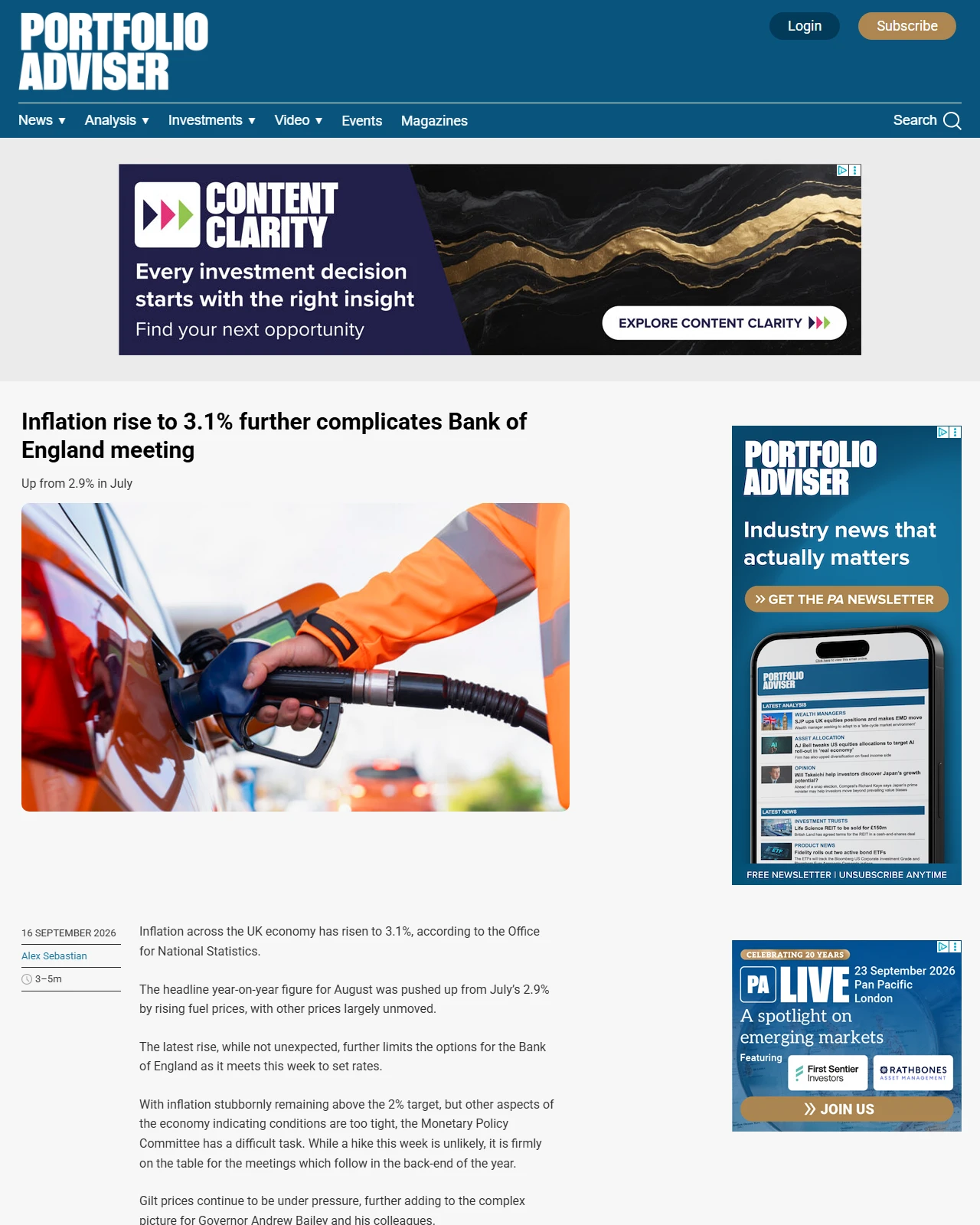 portfolio-adviser.com as published: Inflation rise to 3.1% further complicates Bank of England meeting