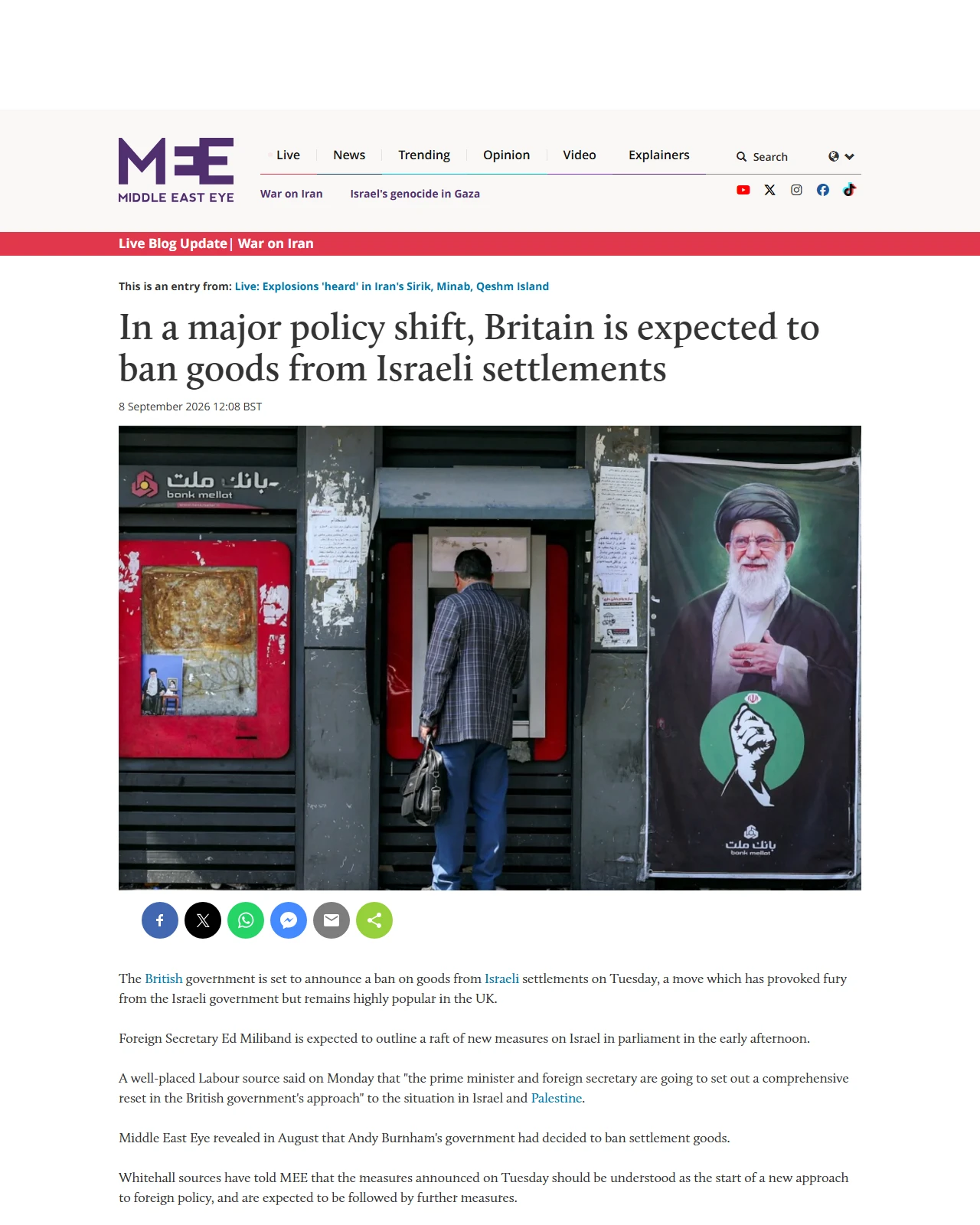 middleeasteye.net as published: In a major policy shift, Britain is expected to ban goods from Israeli settlements