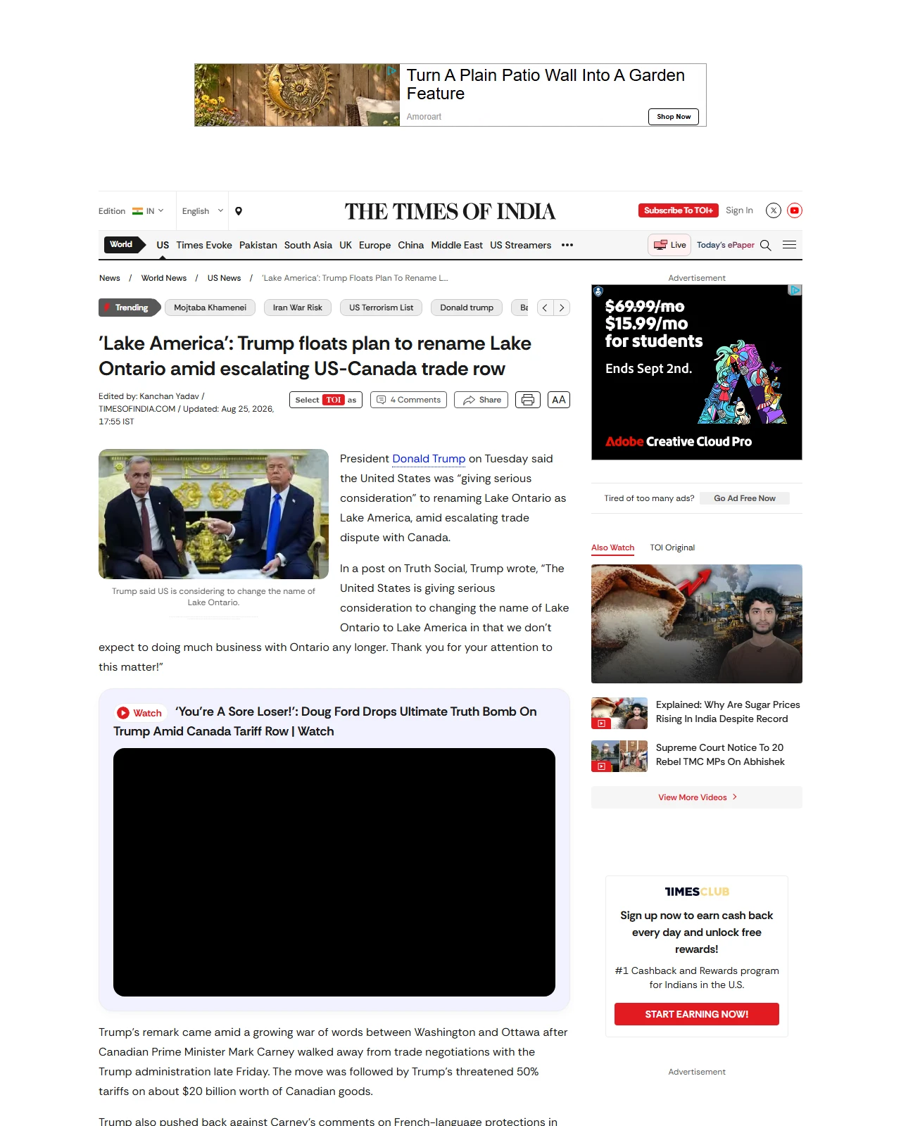 timesofindia.indiatimes.com as published: 'Lake America': Trump floats plan to rename Lake Ontario amid US-Canada trade row
