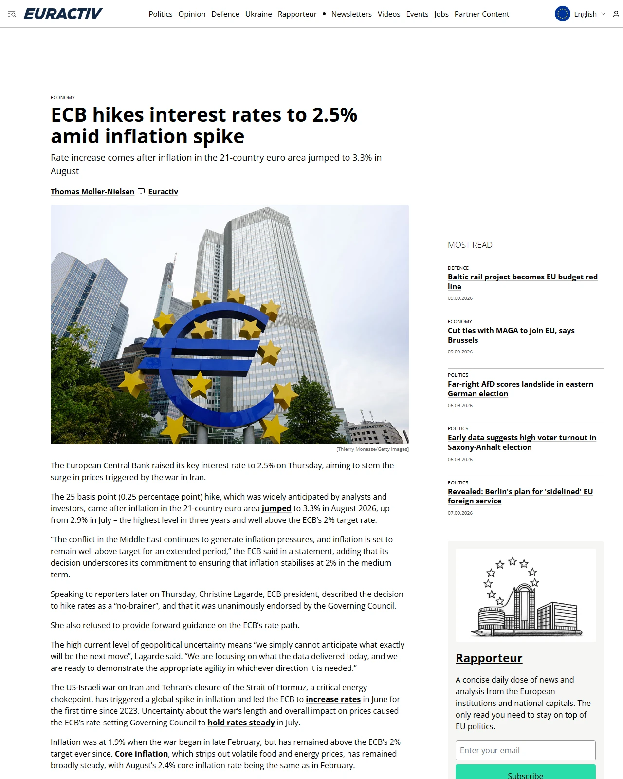 euractiv.com as published: ECB hikes interest rates to 2.5% amid inflation spike