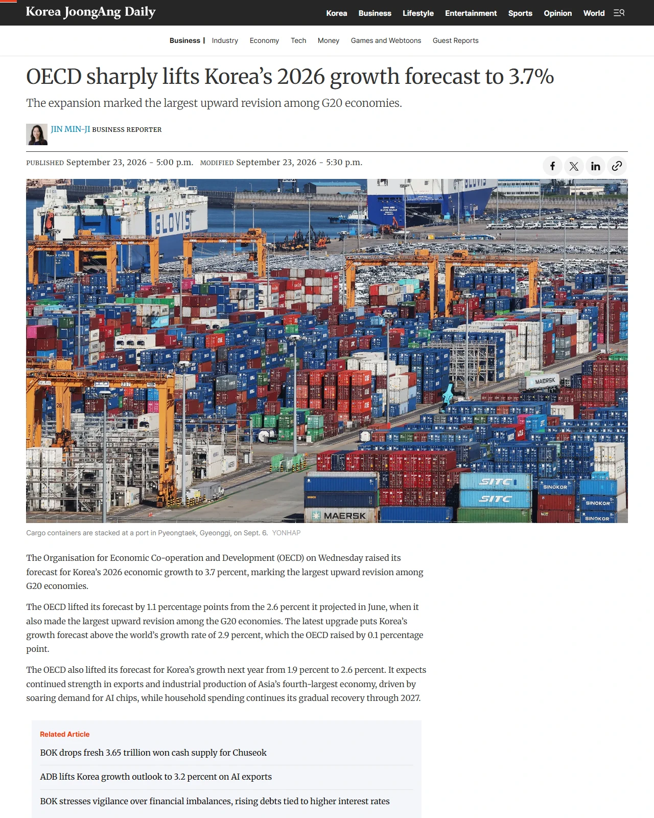 koreajoongangdaily.com as published: OECD sharply lifts Korea’s 2026 growth forecast to 3.7%