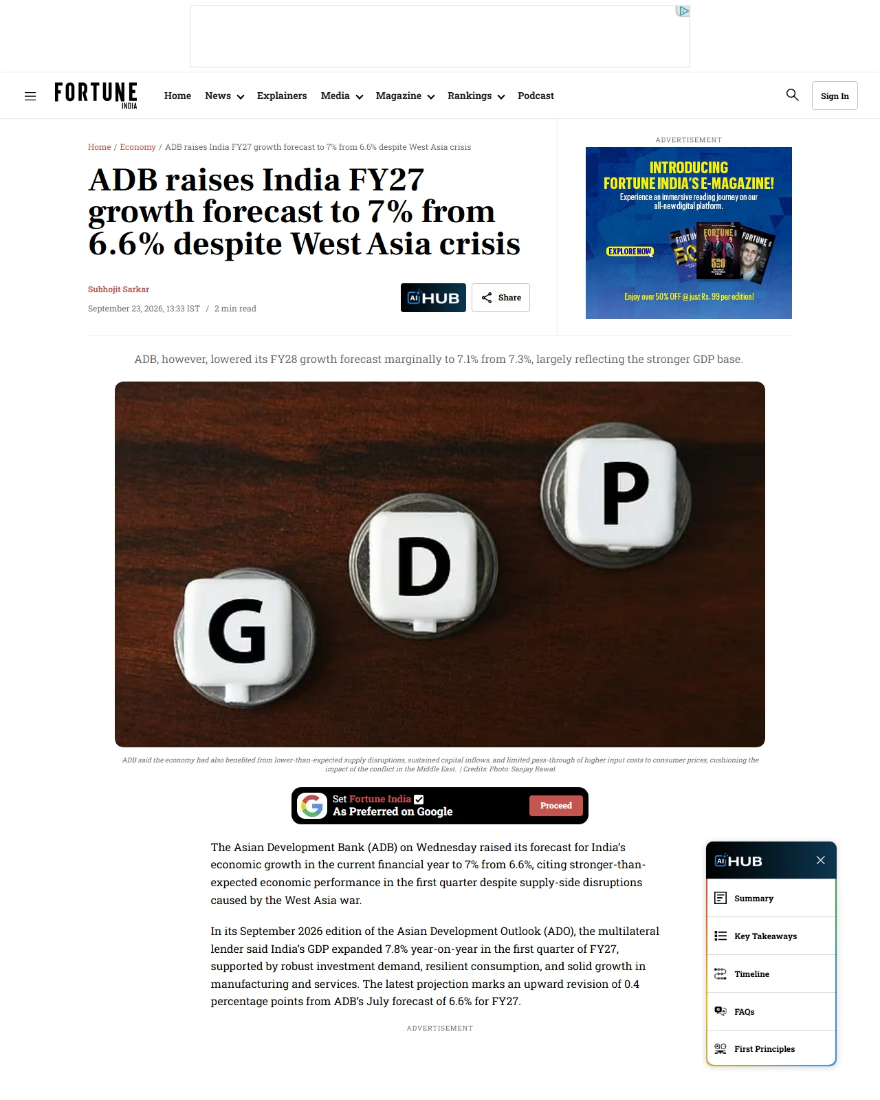 fortuneindia.com as published: ADB raises India FY27 growth forecast to 7% from 6.6% despite West Asia crisis