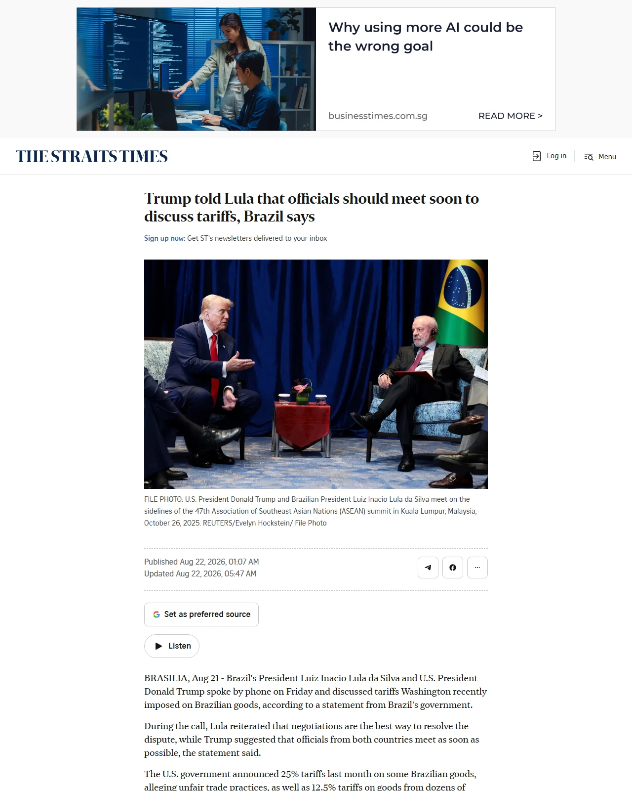 straitstimes.com as published: Trump told Lula that officials should meet soon to discuss tariffs, Brazil says