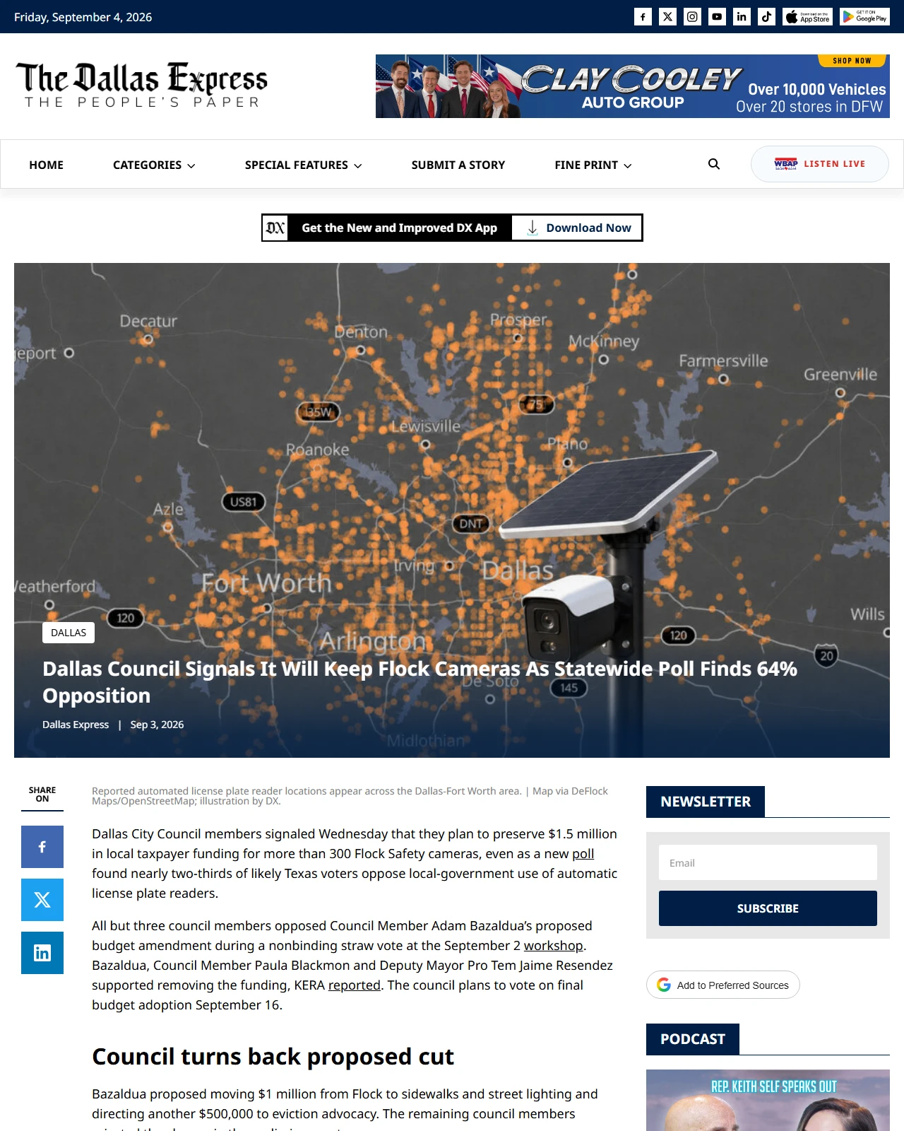 dallasexpress.com as published: Dallas Council Signals It Will Keep Flock Cameras As Statewide Poll Finds 64% Opposition