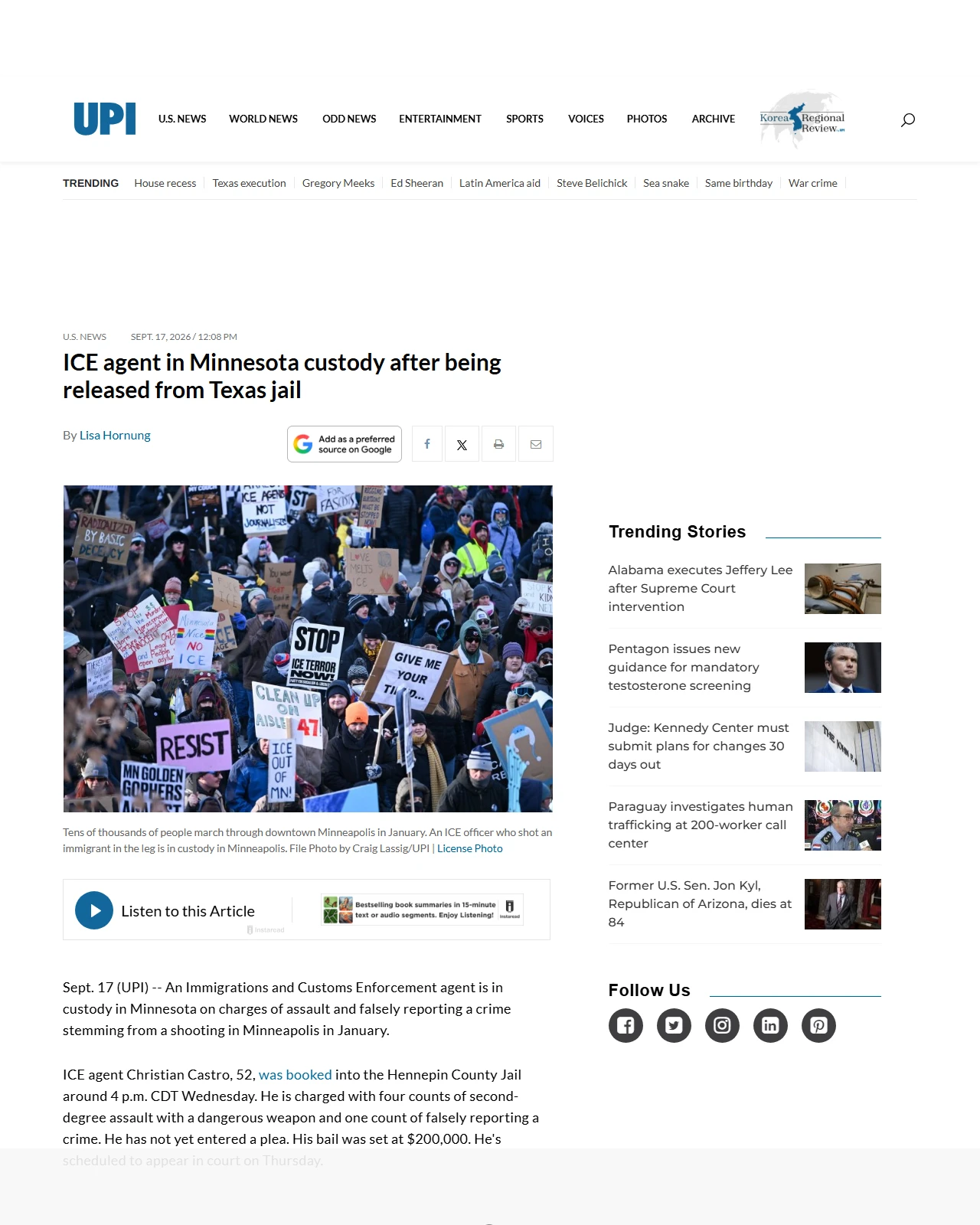 upi.com as published: ICE agent in Minnesota custody after being released from Texas jail