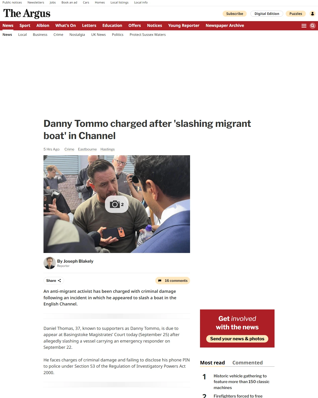 theargus.co.uk as published: Anti-migrant activist charged after Channel boat slashing