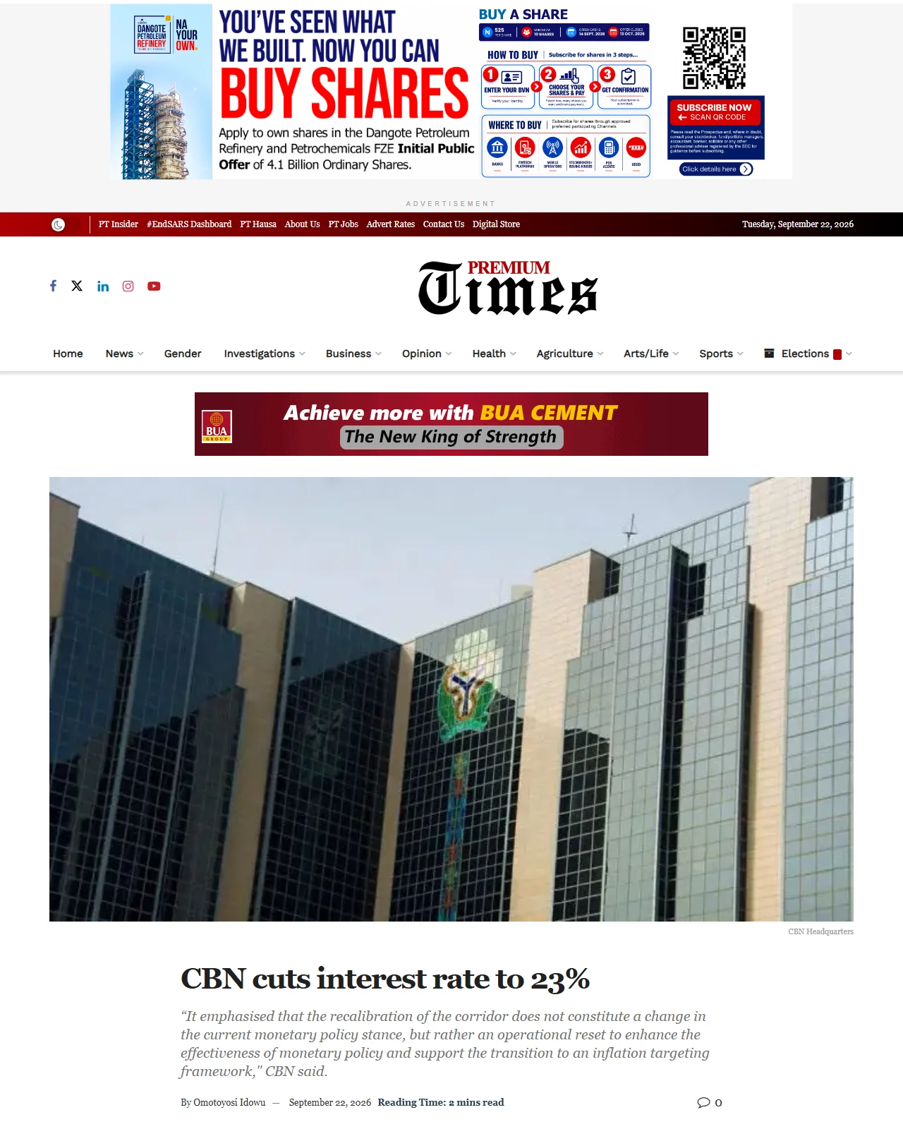 premiumtimesng.com as published: JUST IN: CBN cuts interest rate to 23%