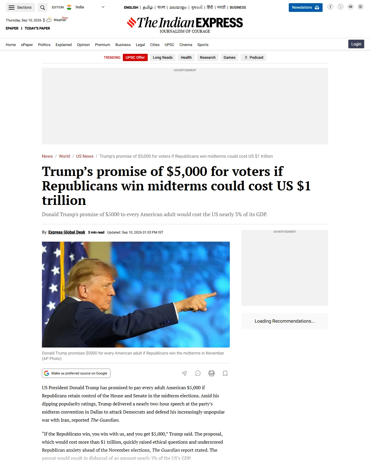 indianexpress.com as published: Trump’s promise of $5,000 for voters if Republicans win midterms could cost US $1 trillion