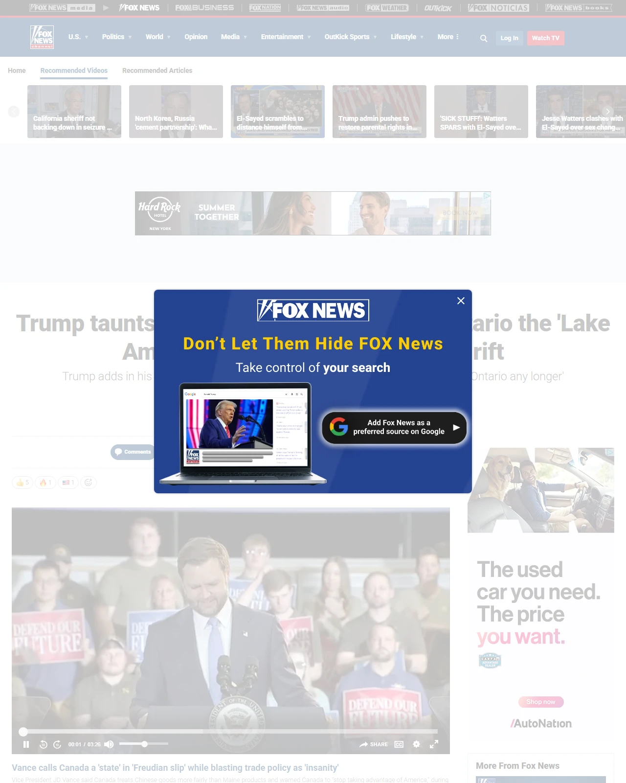 foxnews.com as published: Trump taunts Canada on renaming Lake Ontario the 'Lake America' amid rising border trade rift