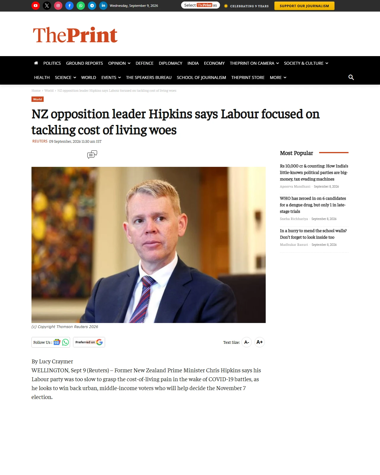 theprint.in as published: NZ opposition leader Hipkins says Labour focused on tackling cost of living woes