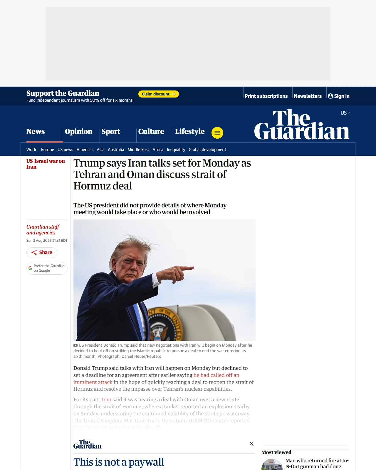 theguardian.com as published: Trump says Iran talks set for Monday as Tehran and Oman discuss strait of Hormuz deal
