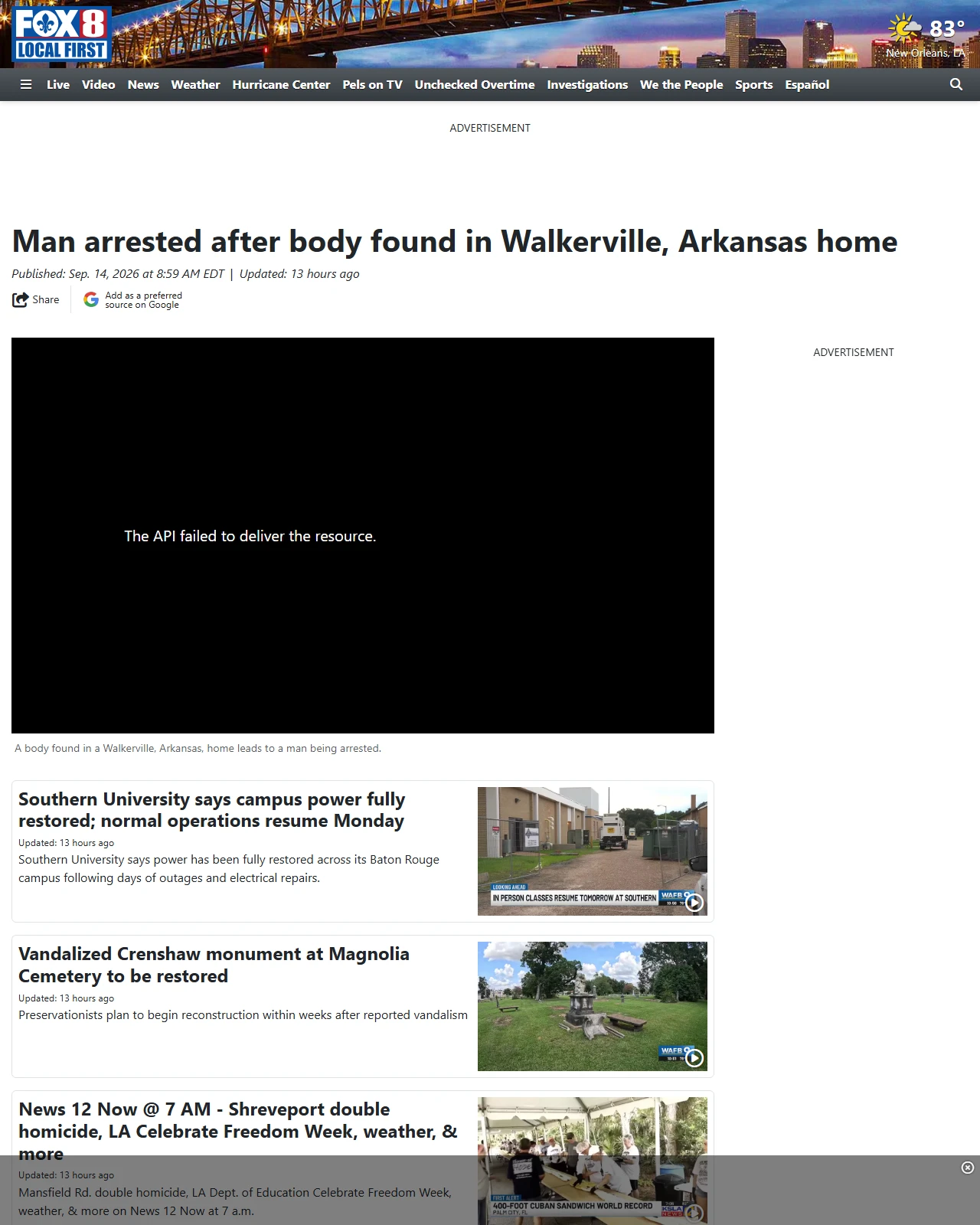 fox8live.com as published: Man arrested after body found in Walkerville, Arkansas home