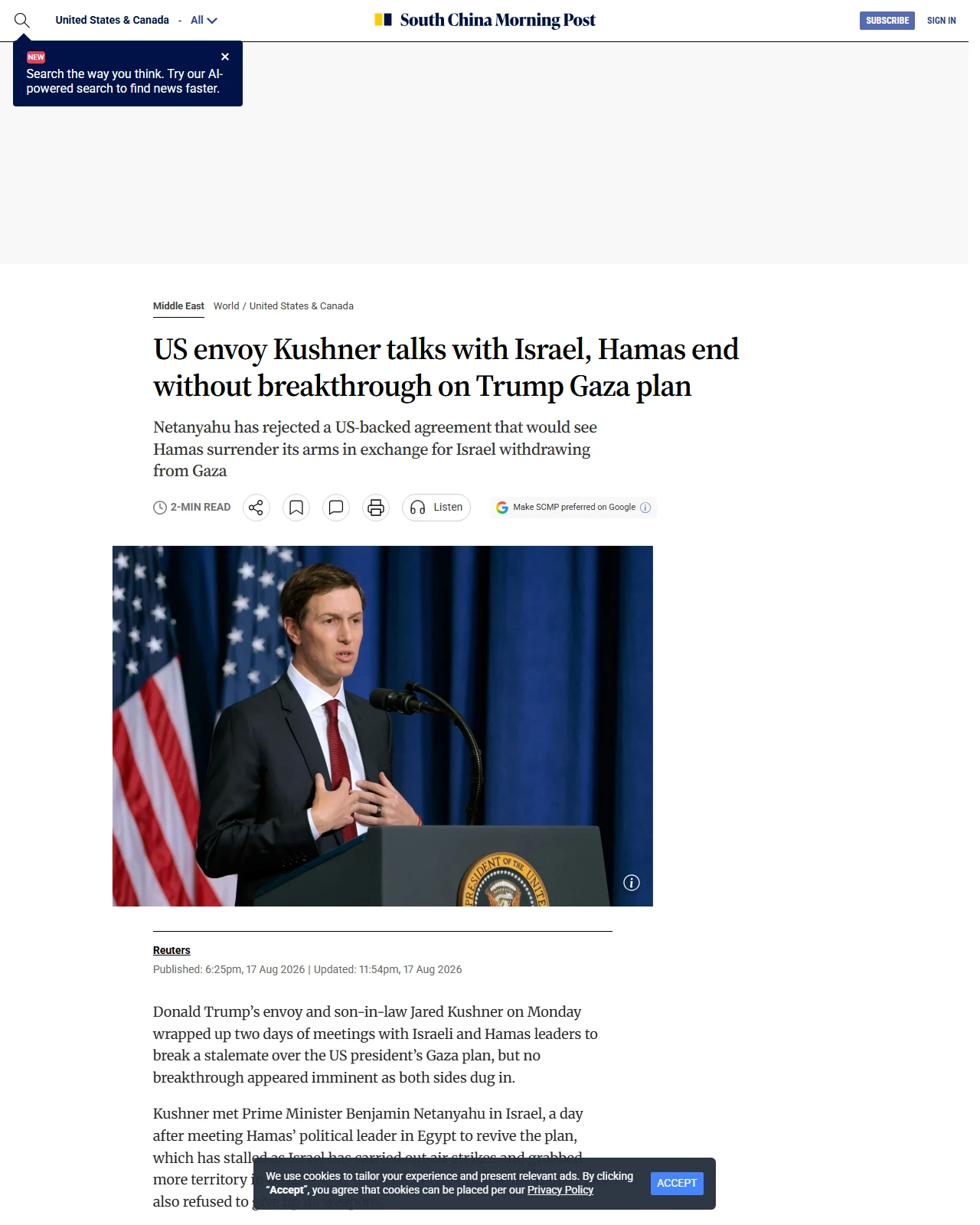 scmp.com as published: US envoy Kushner talks with Israel, Hamas end without breakthrough on Trump Gaza plan