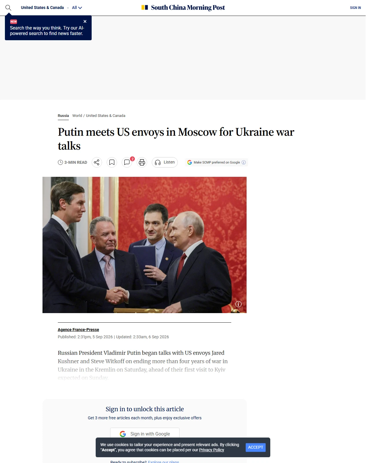 scmp.com as published: Putin meets US envoys in Moscow for Ukraine war talks