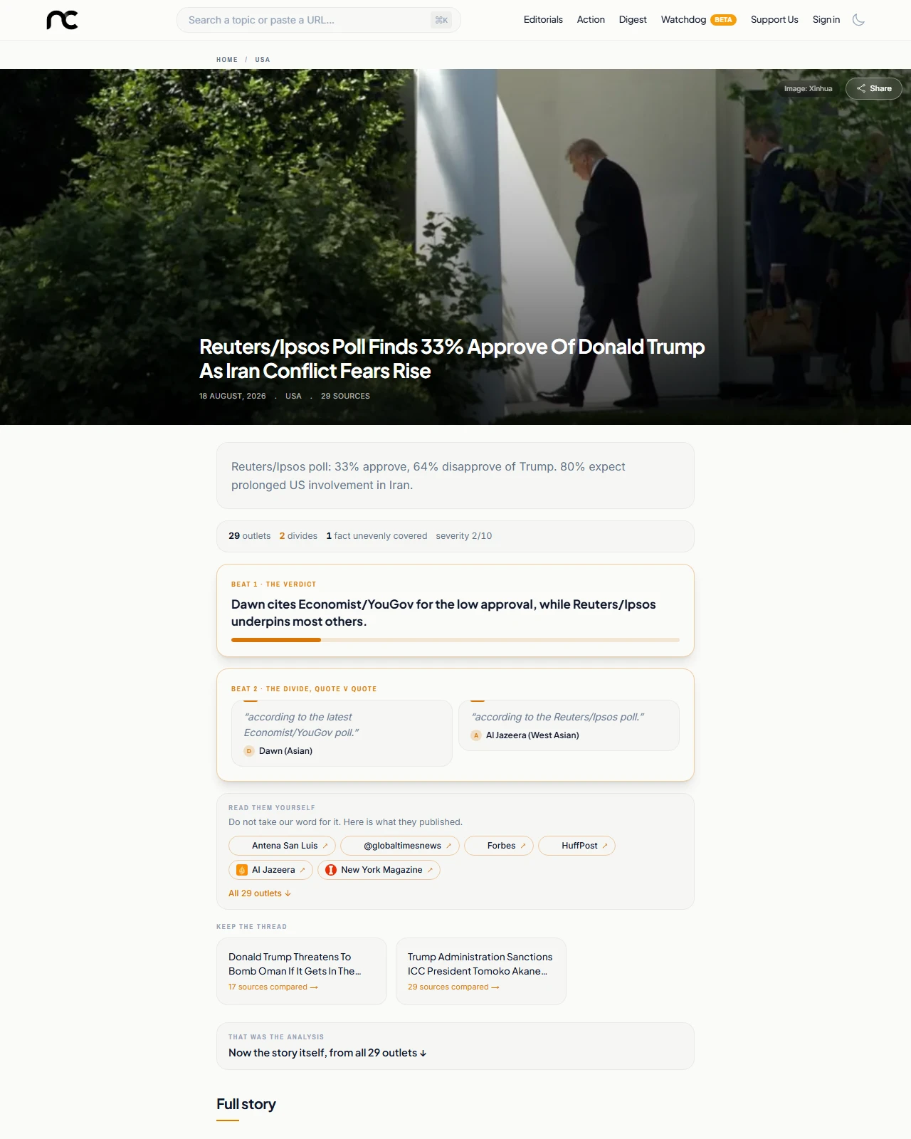 newscord.org as published: Reuters/Ipsos Poll Finds 33% Approve Of Donald Trump As Iran Conflict Fears Rise: who 29 outlets blamed