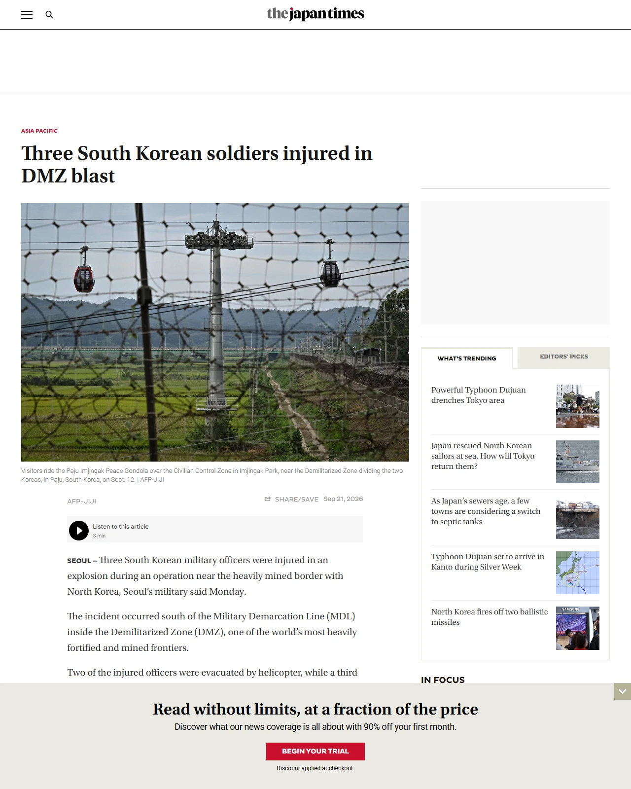 japantimes.co.jp as published: Three South Korean soldiers injured in DMZ blast