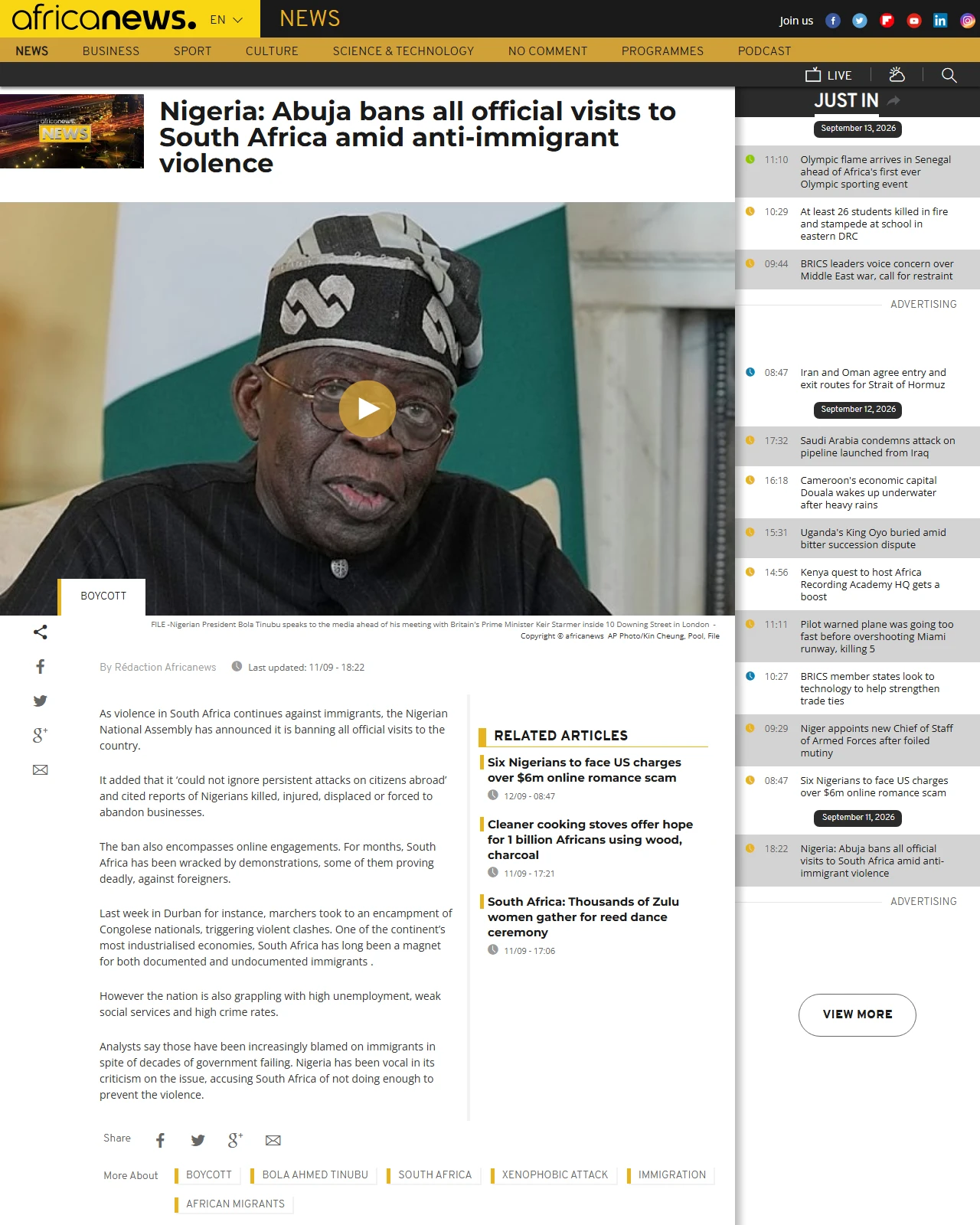 africanews.com as published: Nigeria: Abuja bans all official visits to South Africa amid anti-immigrant violence
