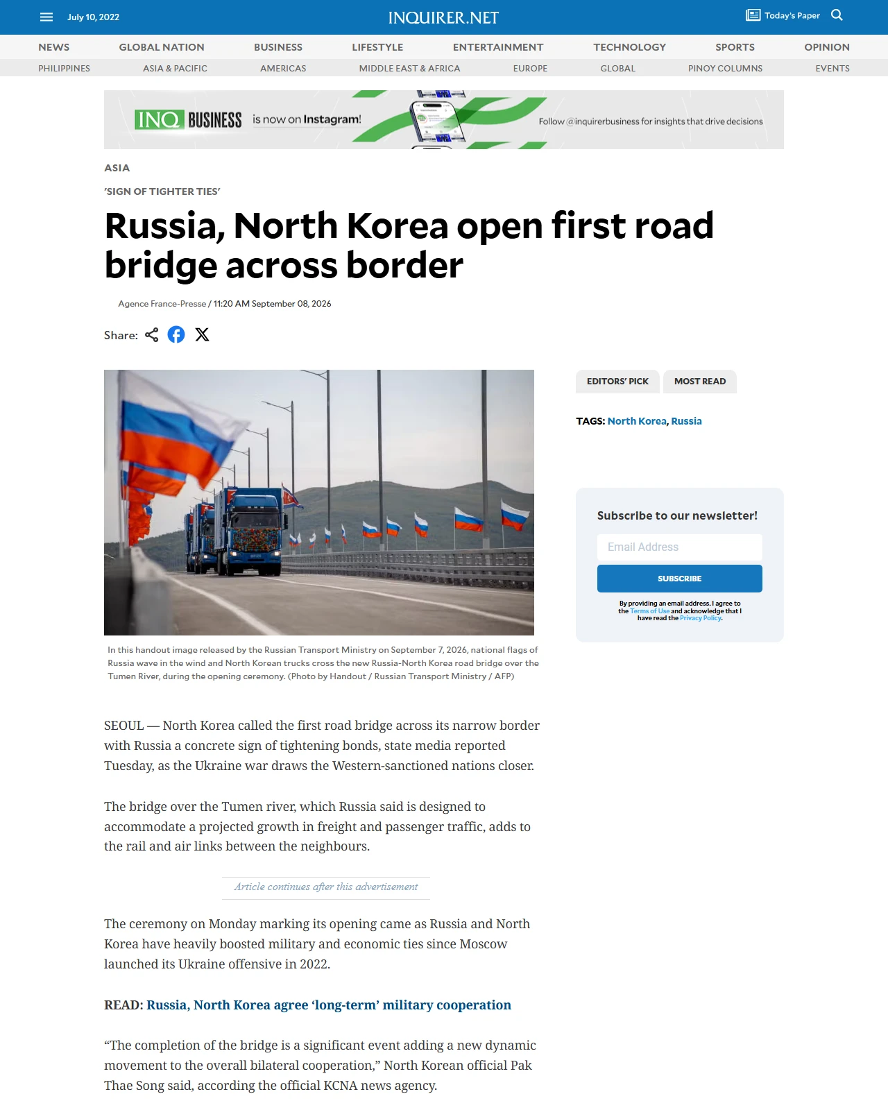 globalnation.inquirer.net as published: Russia, North Korea open first road bridge across border