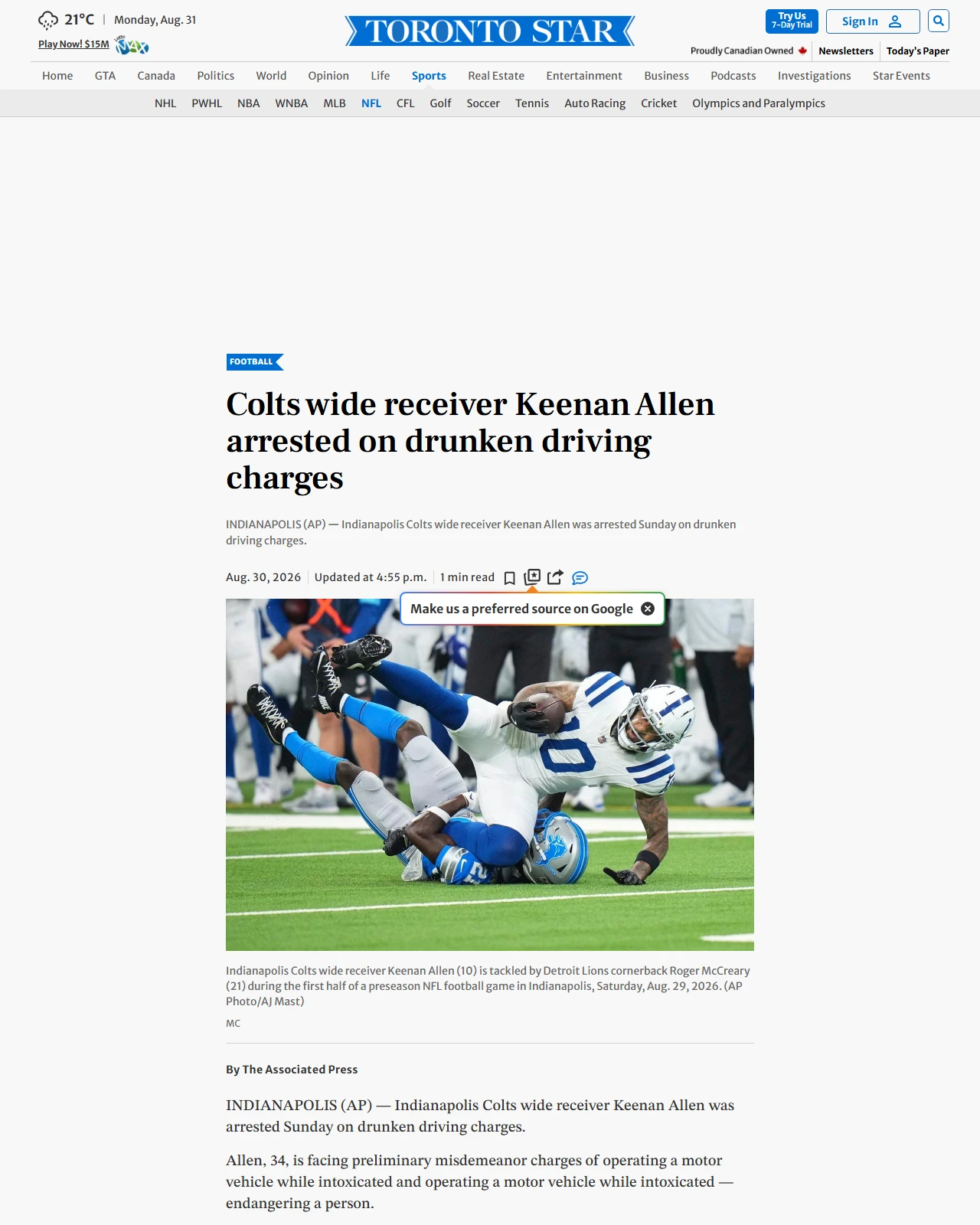 thestar.com as published: Colts wide receiver Keenan Allen arrested on drunken driving charges