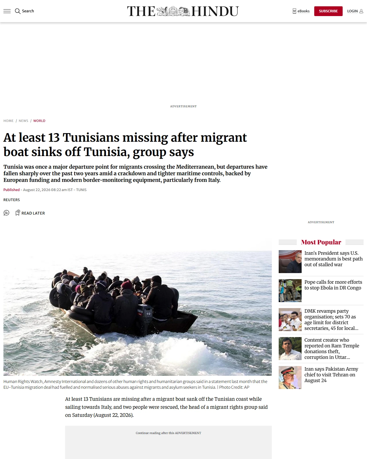 thehindu.com as published: At least 13 Tunisians missing after migrant boat sinks off Tunisia, group says