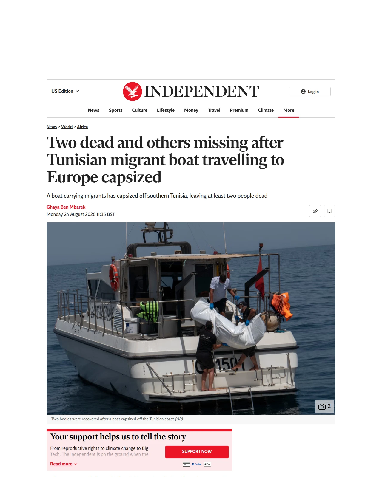 independent.co.uk as published: Two dead and others missing after Tunisian migrant boat travelling to Europe capsized