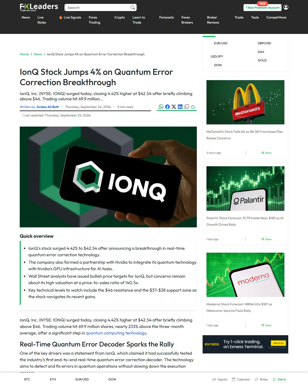 fxleaders.com as published: IonQ Stock Jumps 4% on Quantum Error Correction Breakthrough