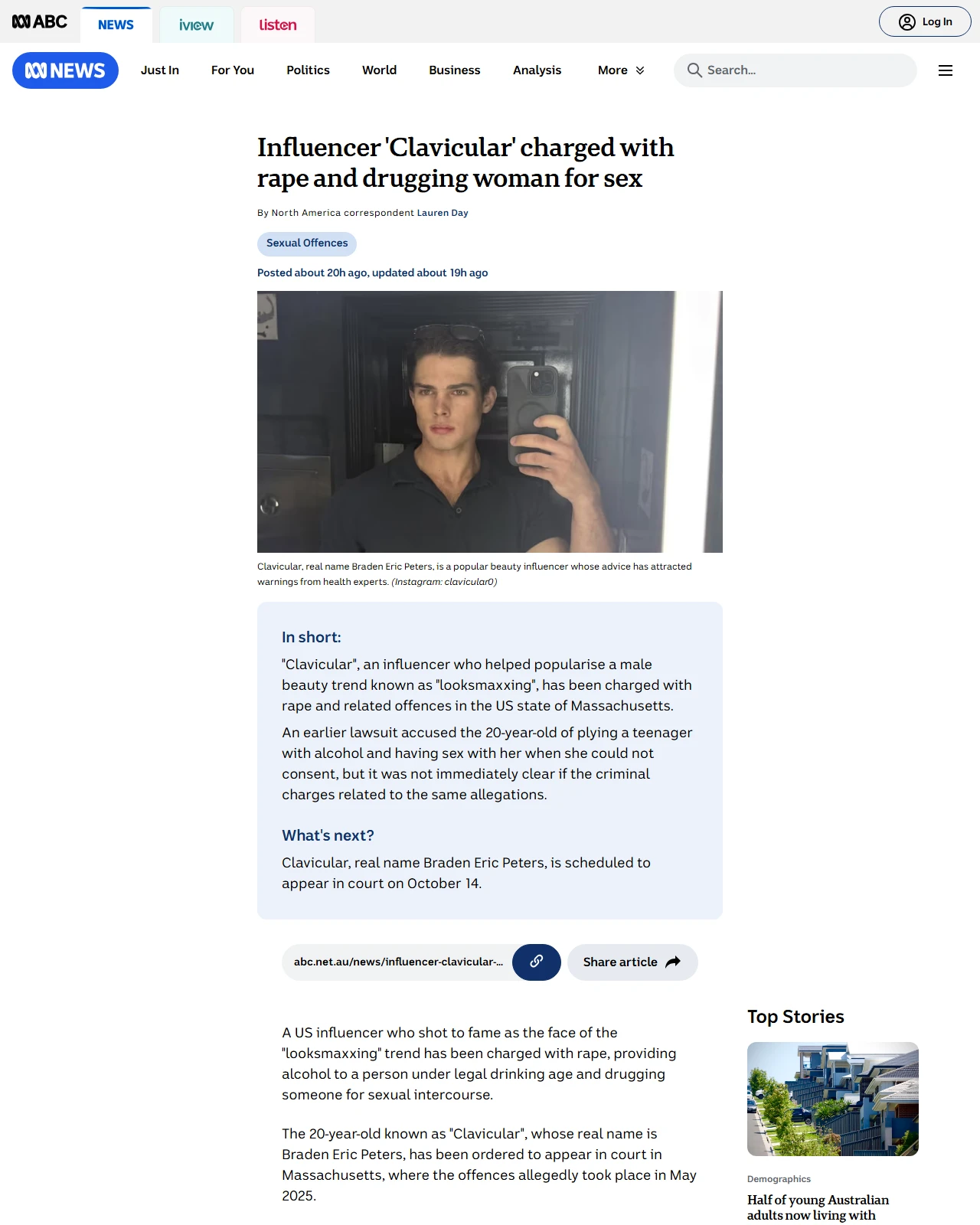 abc.net.au as published: Influencer 'Clavicular' charged with rape and drugging woman for sex - ABC News & Headlines – Australian Broadcasting Corporation