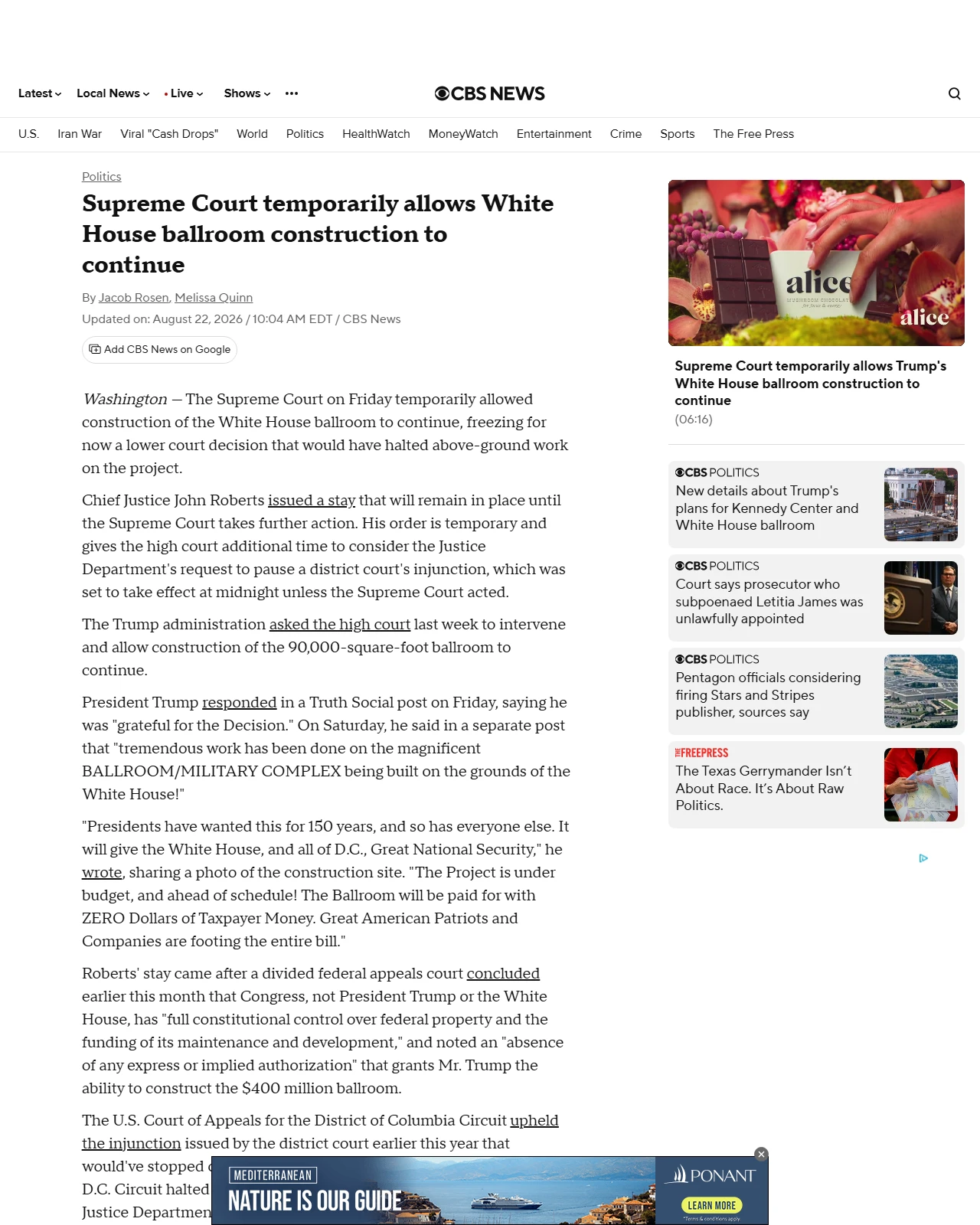 cbsnews.com as published: Supreme Court temporarily allows work on White House ballroom to continue