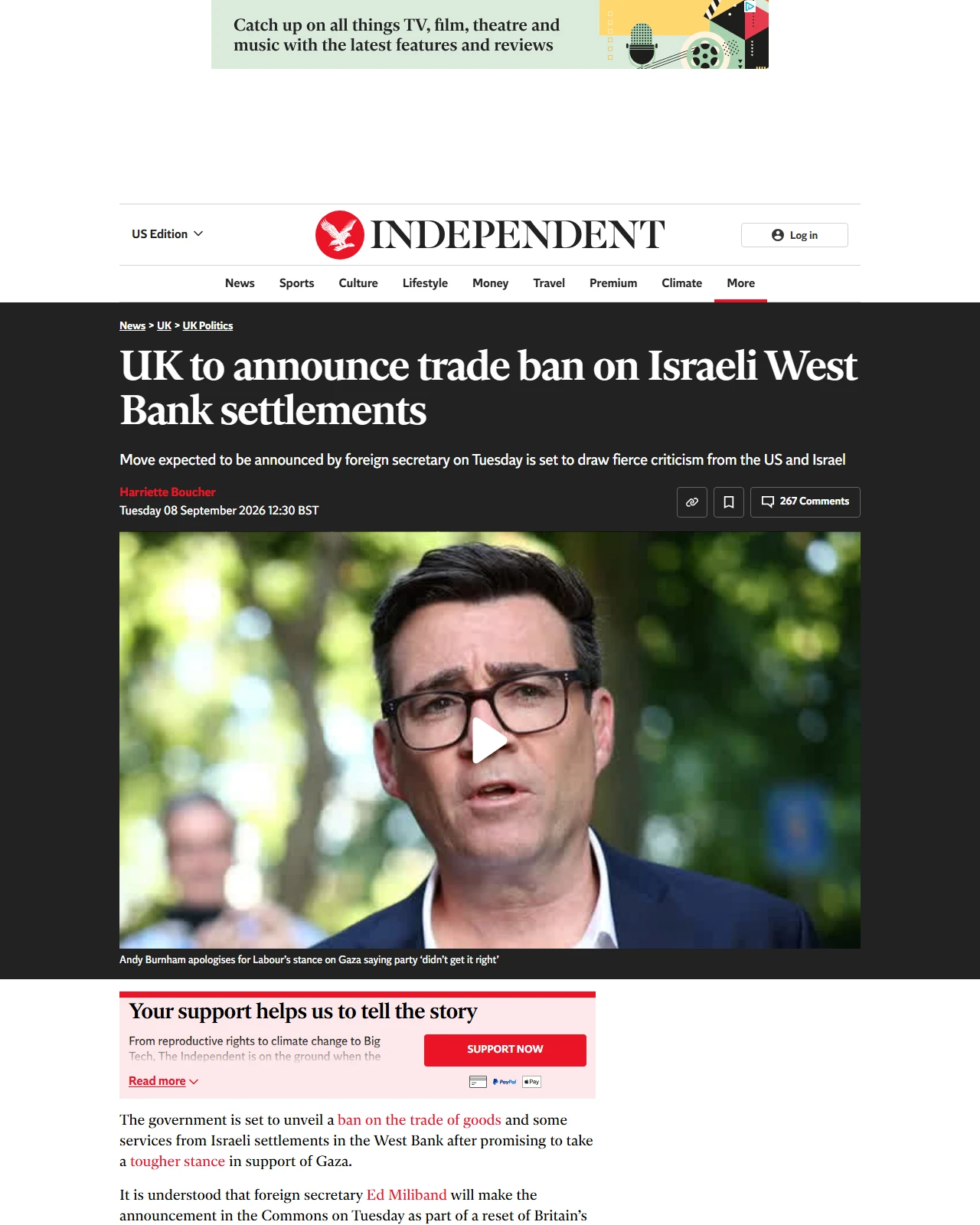 independent.co.uk as published: UK to announce trade ban on Israeli West Bank settlements