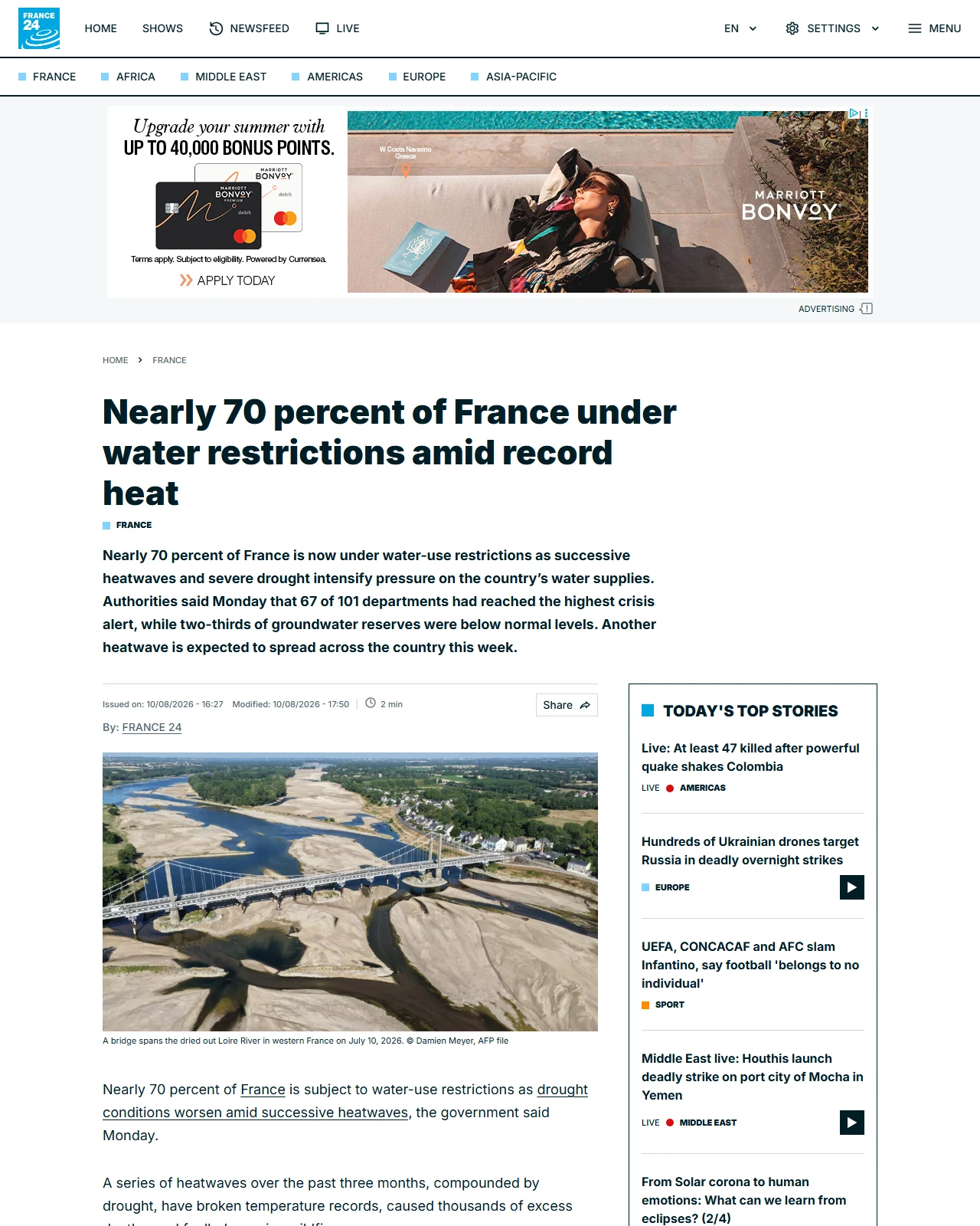 france24.com as published: Nearly 70 percent of France under water restrictions amid record heat