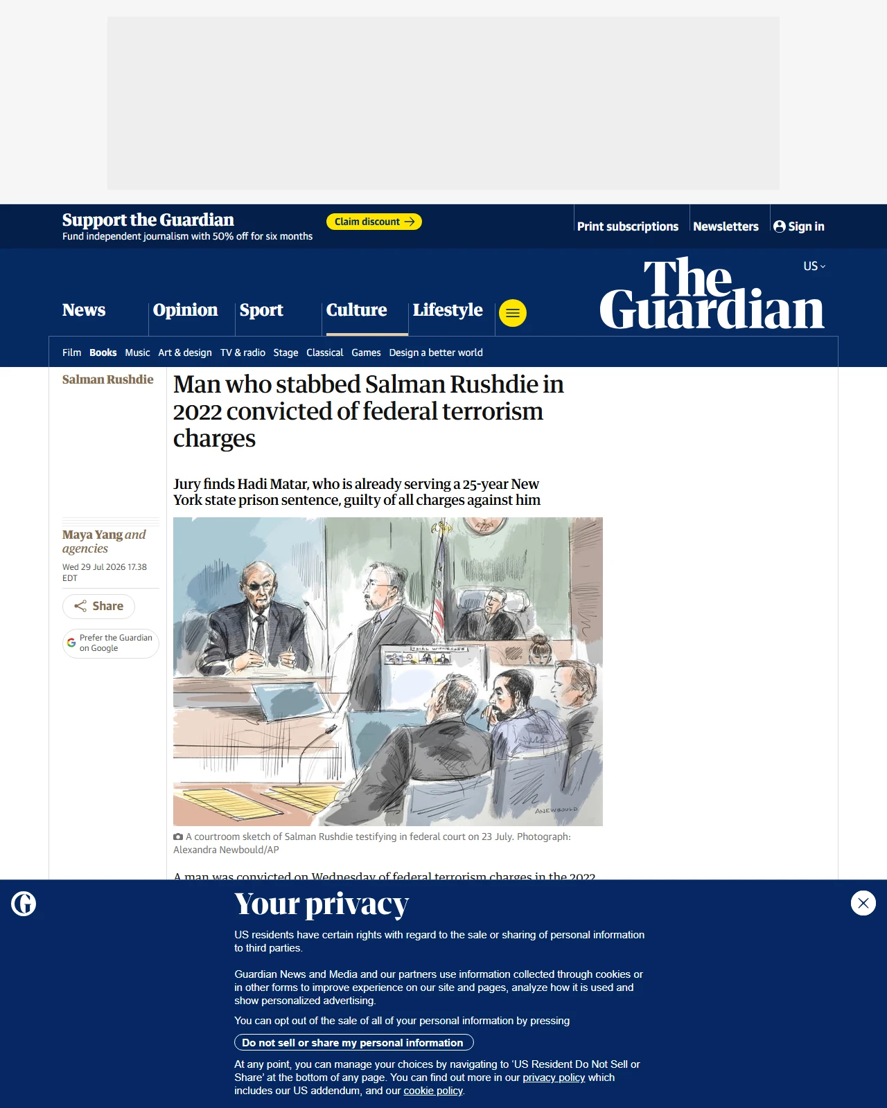 theguardian.com as published: Man who stabbed Salman Rushdie in 2022 convicted of federal terrorism charges