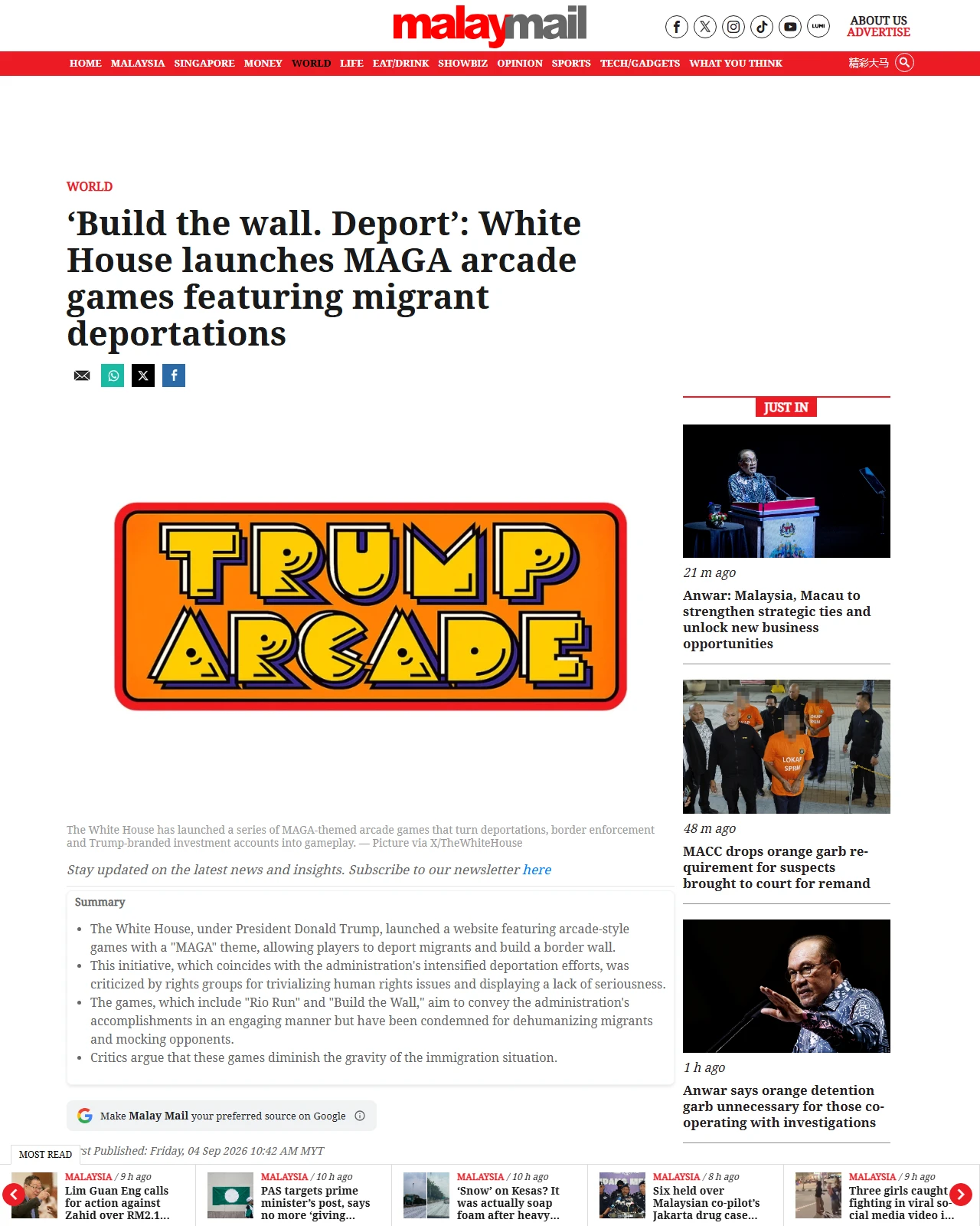 malaymail.com as published: ‘Build the wall. Deport’: White House launches MAGA arcade games featuring migrant deportations