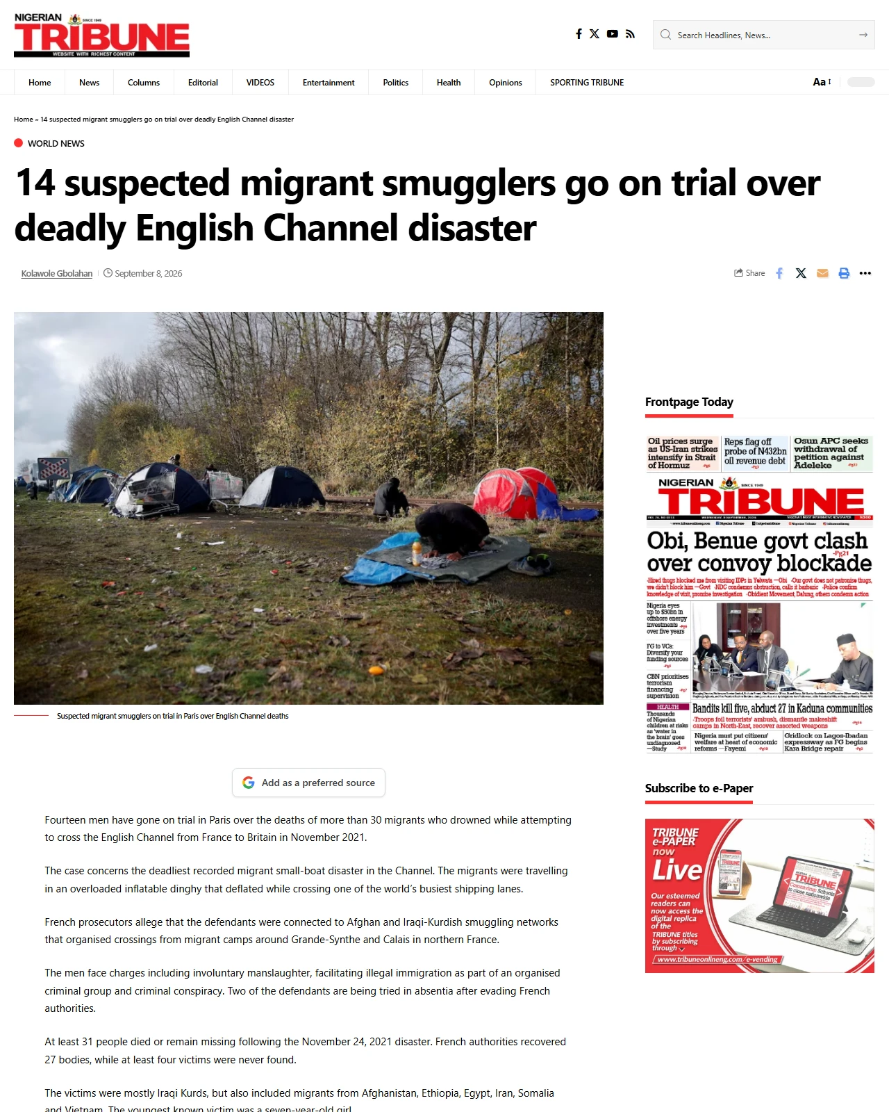 tribuneonlineng.com as published: 14 suspected migrant smugglers go on trial over deadly English Channel disaster