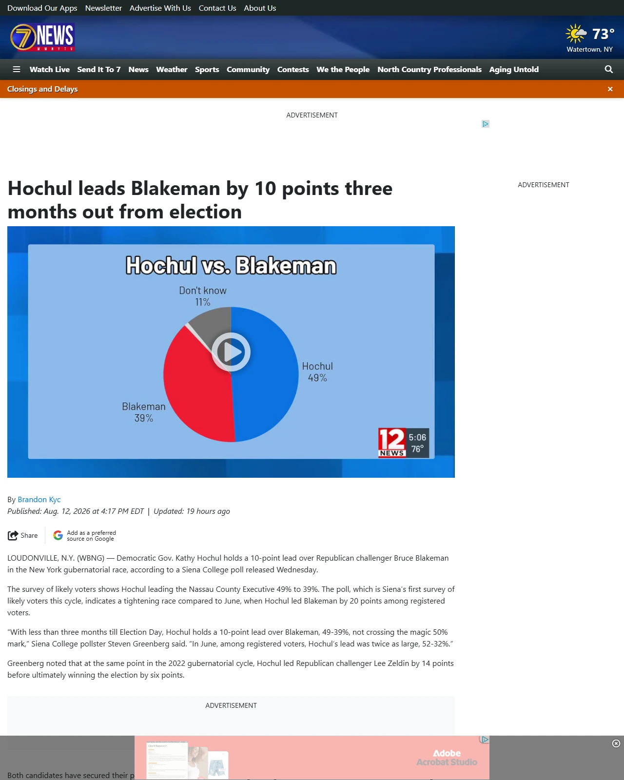 wwnytv.com as published: Hochul leads Blakeman by 10 points three months out from election