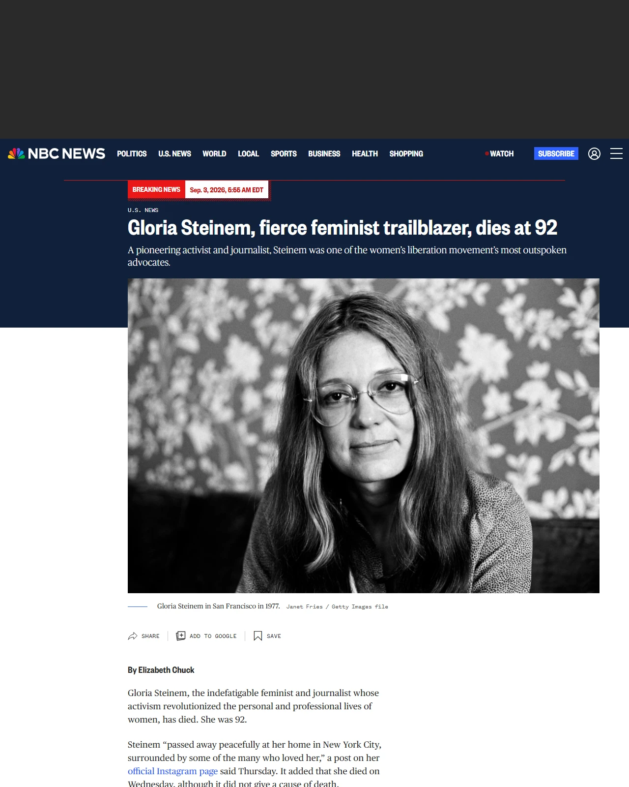nbcnews.com as published: Gloria Steinem, fierce feminist trailblazer, dies at 92
