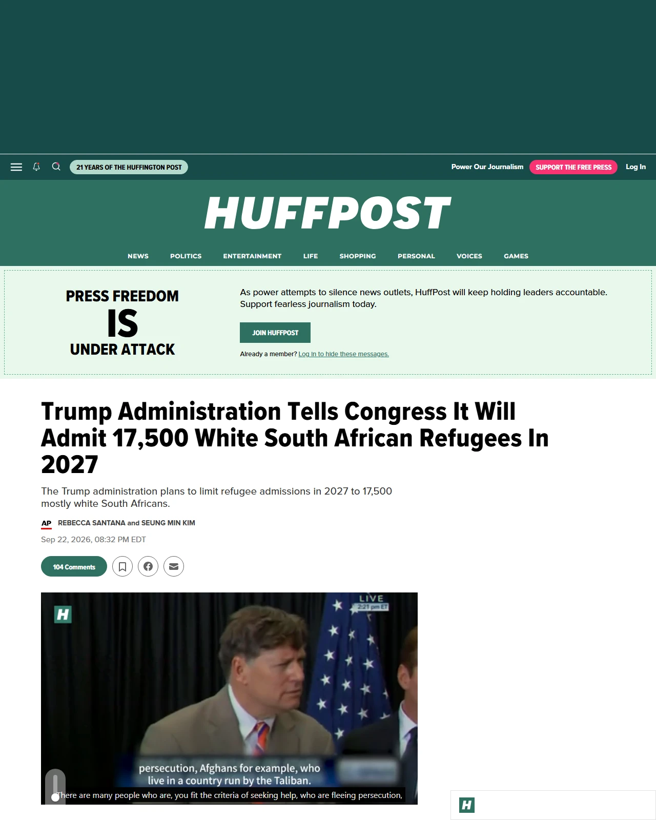 huffpost.com as published: Trump Administration Tells Congress It Will Admit 17,500 White South African Refugees In 2027