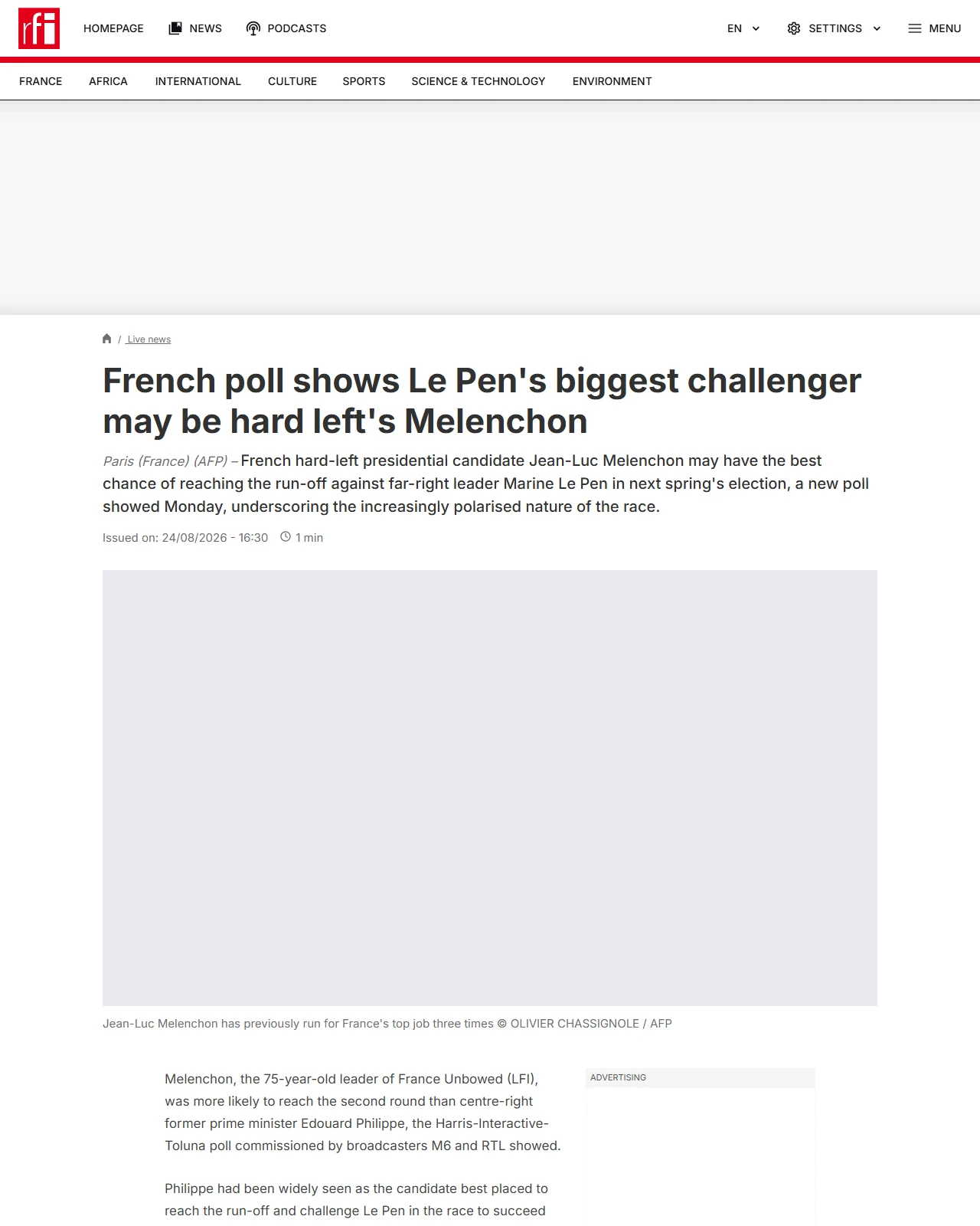 rfi.fr as published: French poll shows Le Pen's biggest challenger may be hard left's Melenchon