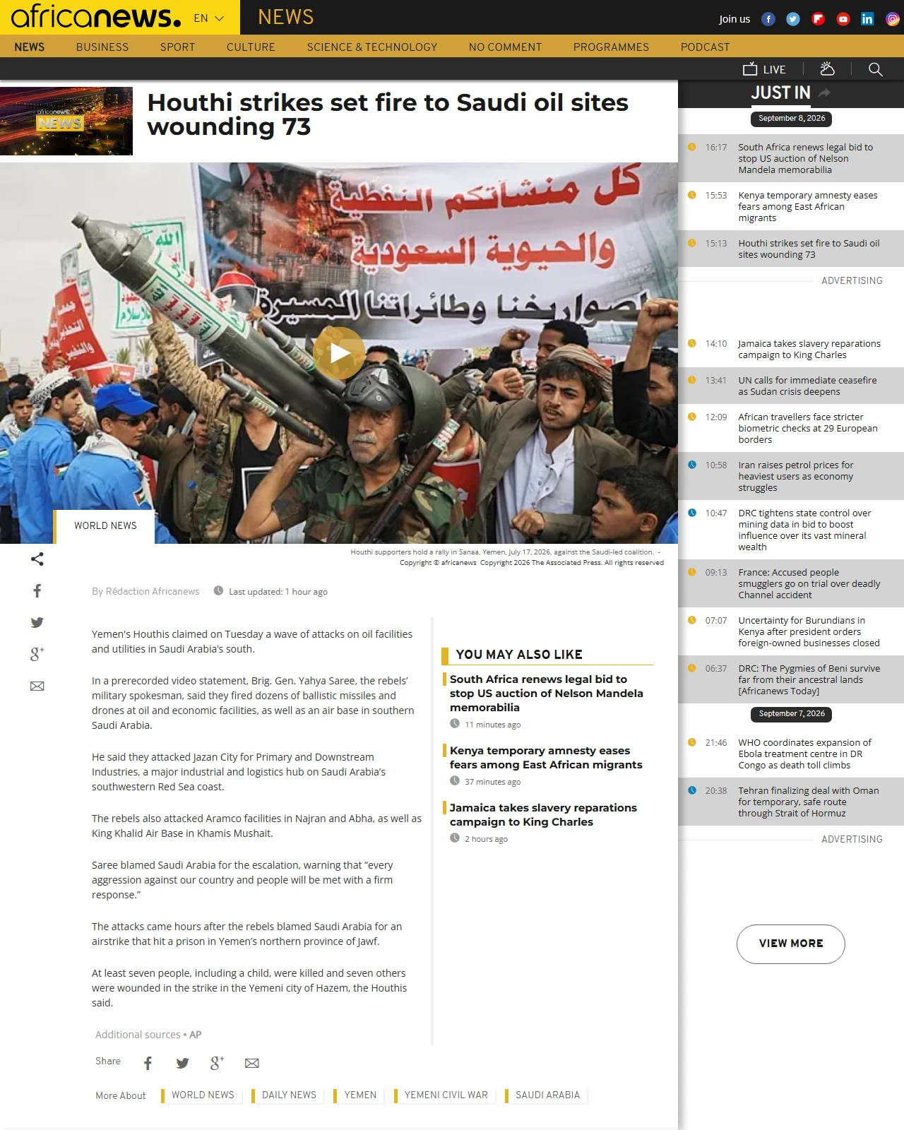 africanews.com as published: Houthi strikes set fire to Saudi oil sites wounding 73