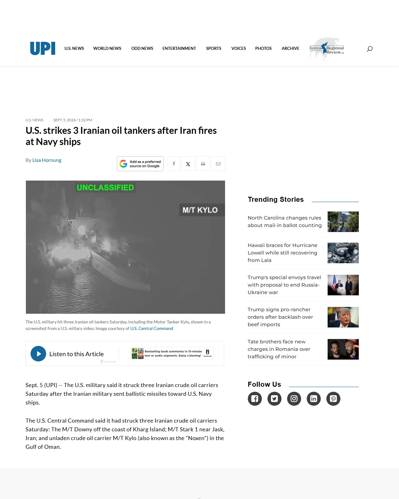 upi.com as published: U.S. strikes 3 Iranian oil tankers after Iran fires at Navy ships