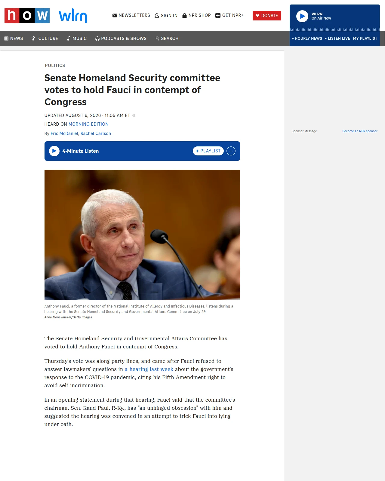 npr.org as published: Senate Homeland Security committee votes to hold Fauci in contempt of Congress