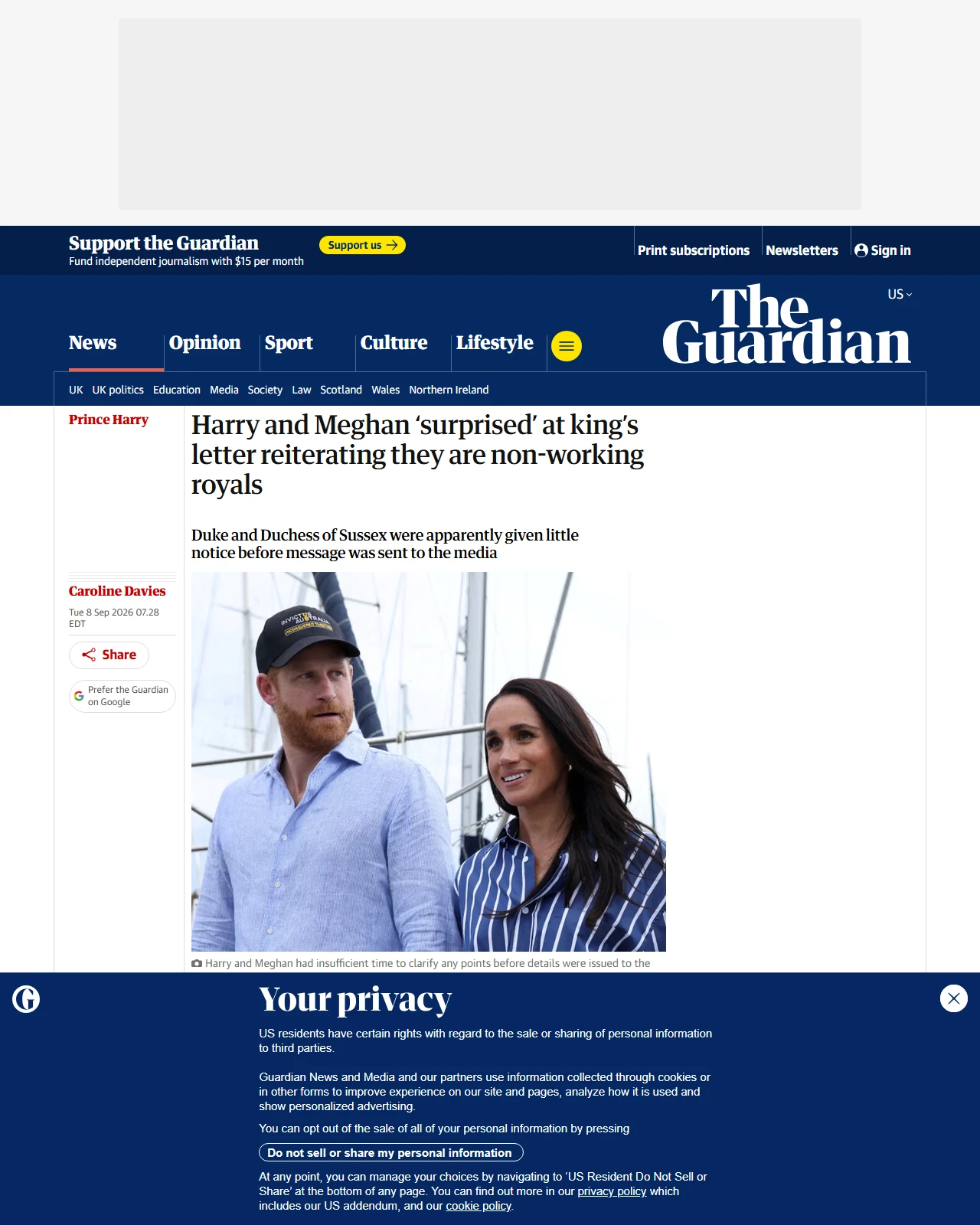 theguardian.com as published: Harry and Meghan ‘surprised’ at king’s letter reiterating they are non-working royals