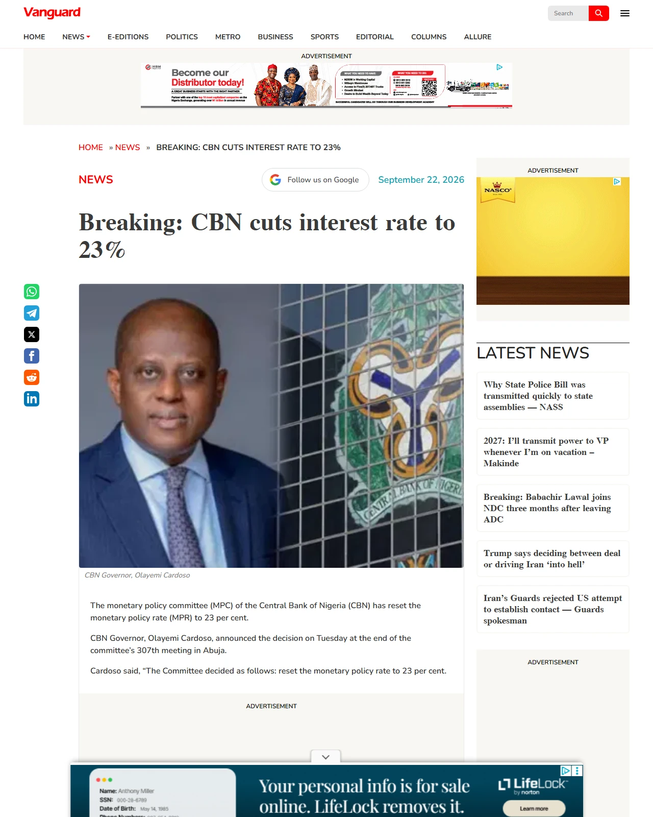 vanguardngr.com as published: Breaking: CBN cuts interest rate to 23%