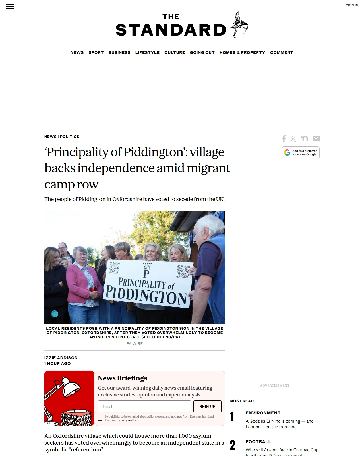 standard.co.uk as published: ‘Principality of Piddington’: village backs independence amid migrant camp row