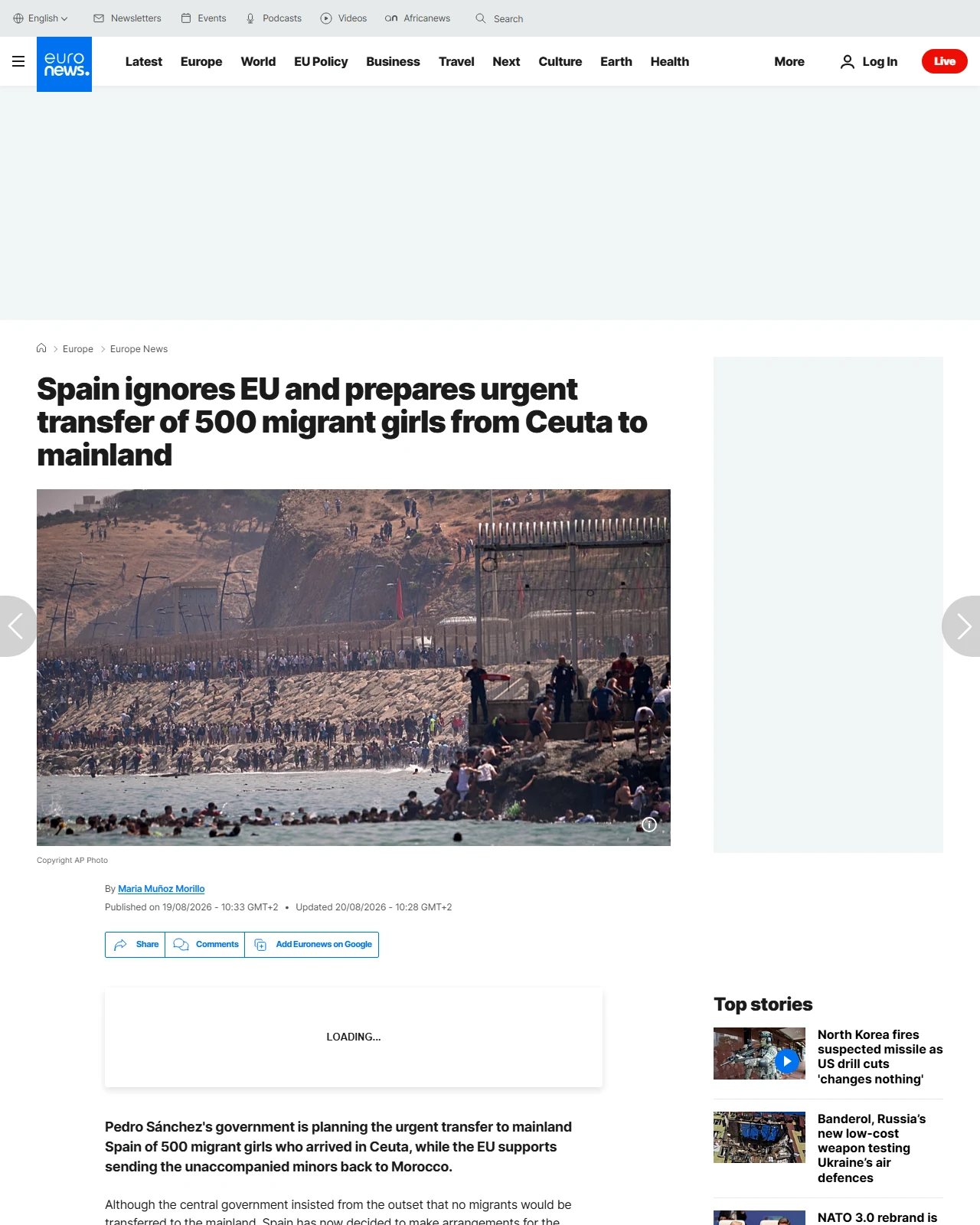 euronews.com as published: Spain ignores EU and prepares transfer of 500 migrant girls from Ceuta