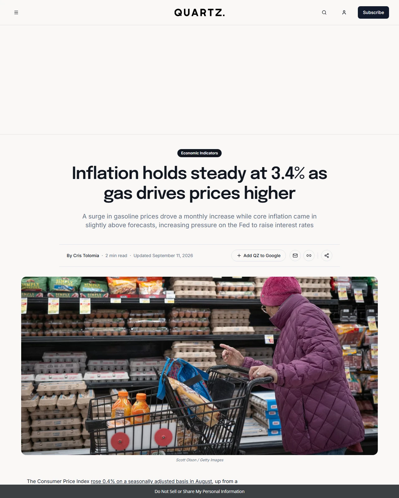qz.com as published: CPI inflation rose 0.4% in August 2026, annual inflation at 3.4%