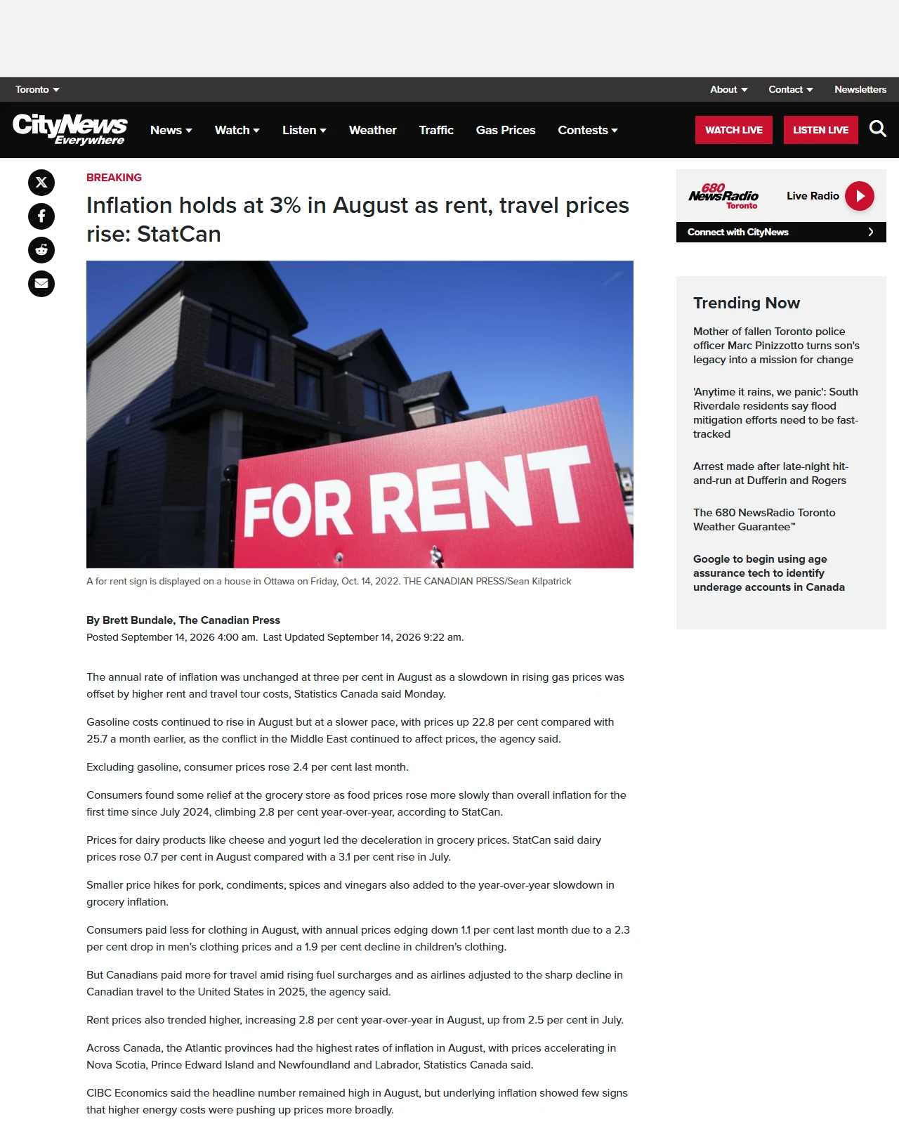 toronto.citynews.ca as published: Statistics Canada to report inflation figures for August this morning